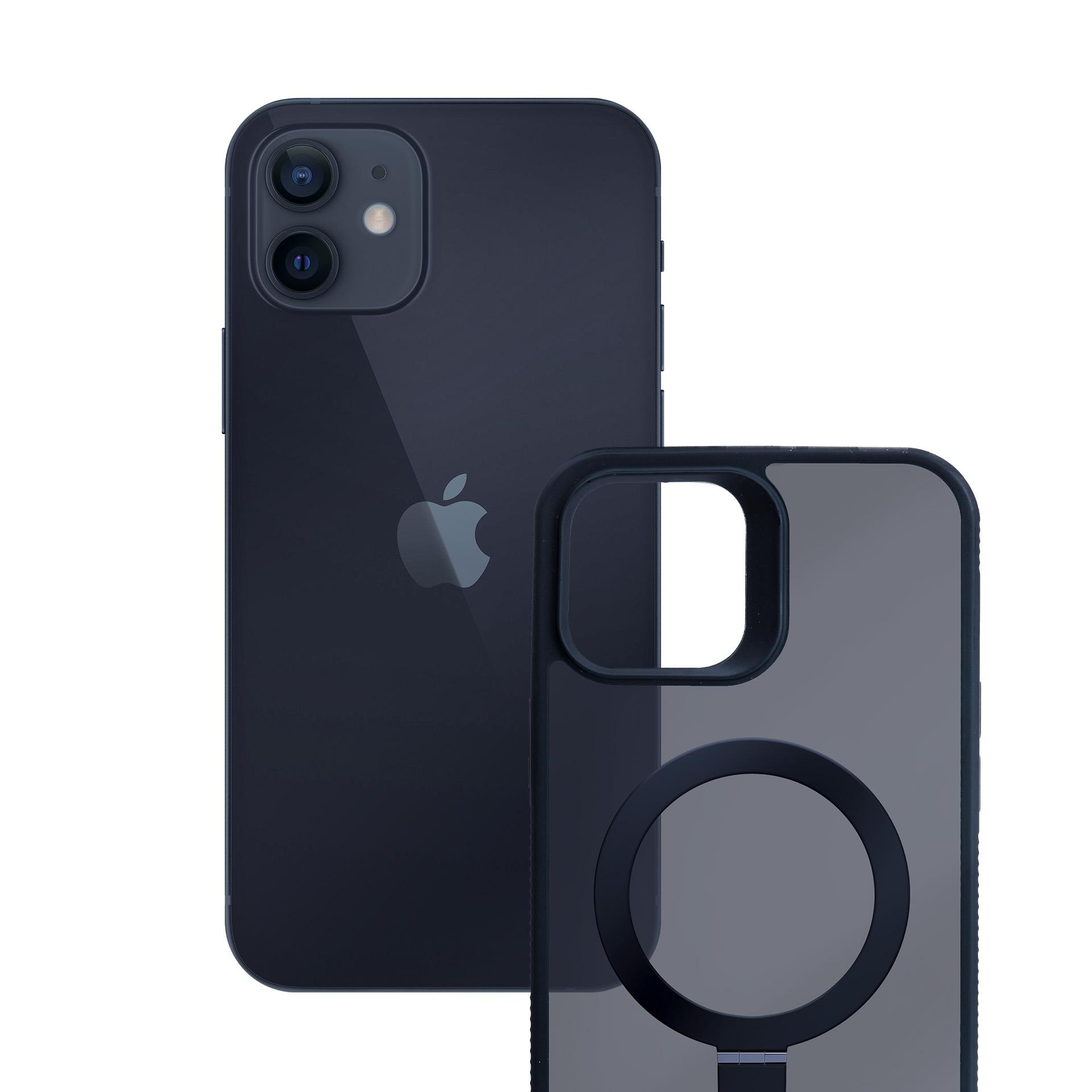 Ciemnoniebieski iPhone i przezroczyste etui z czarnym pierścieniem i kształtem D.