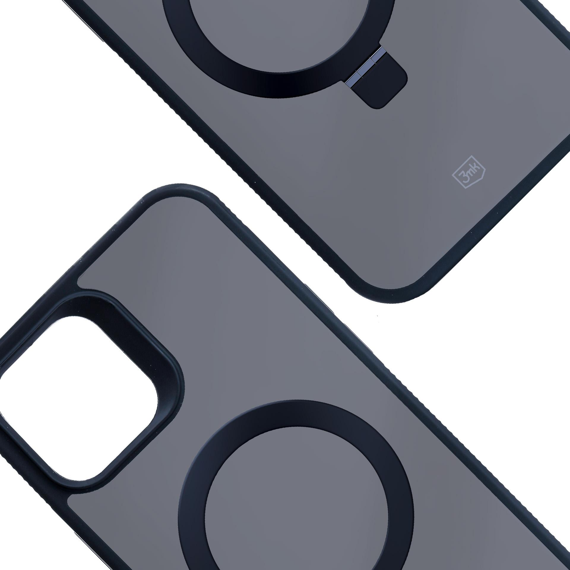 Dwa etui na telefon, ciemnoszare z czarnymi obramowaniami. Jedno ma wycięcie na aparat, oba mają okrągłe mocowanie magnetyczne.
