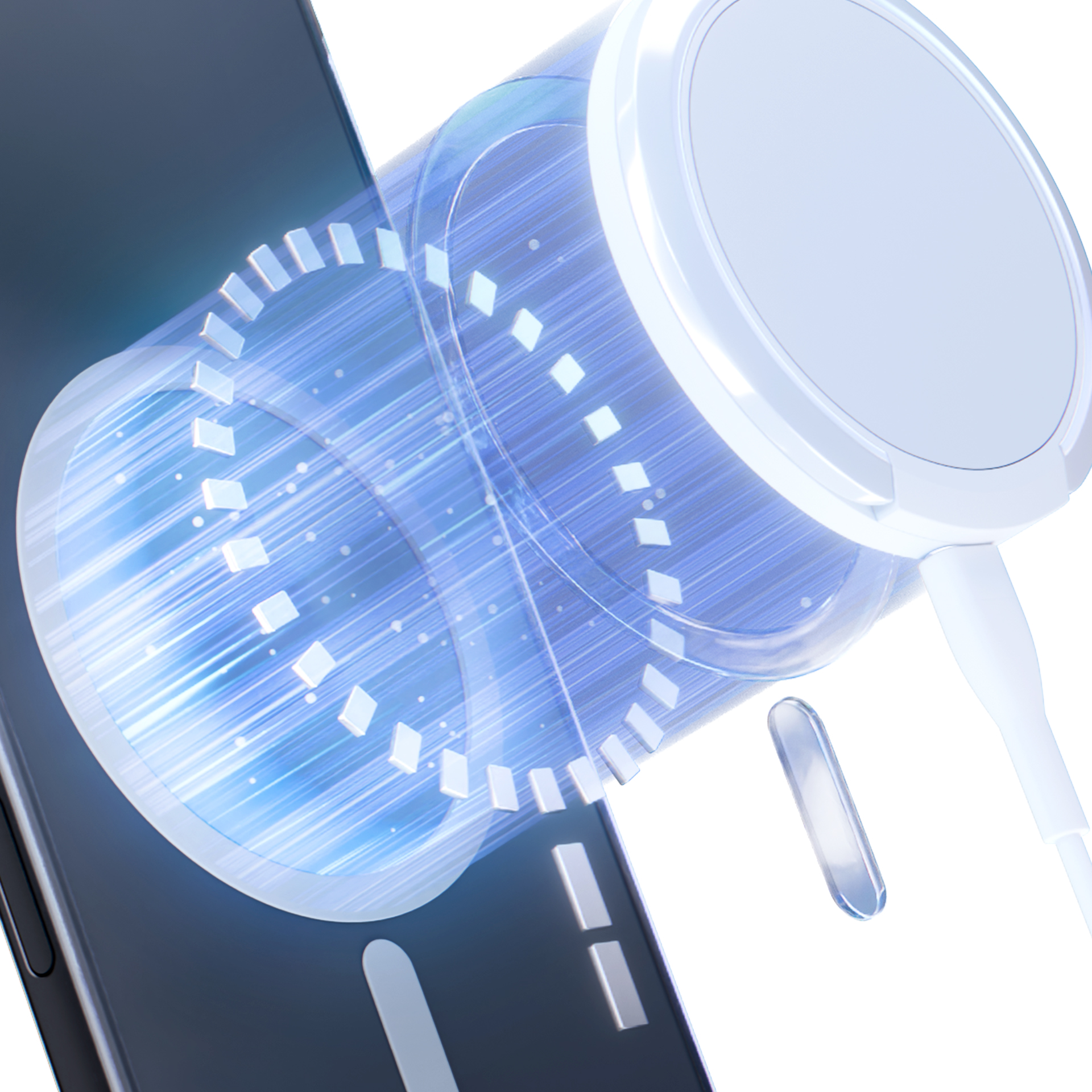 Telefon ładuje się bezprzewodowo. Podłączona jest biała ładowarka. Widoczne są niebieskie linie energii i okrągły wzór.