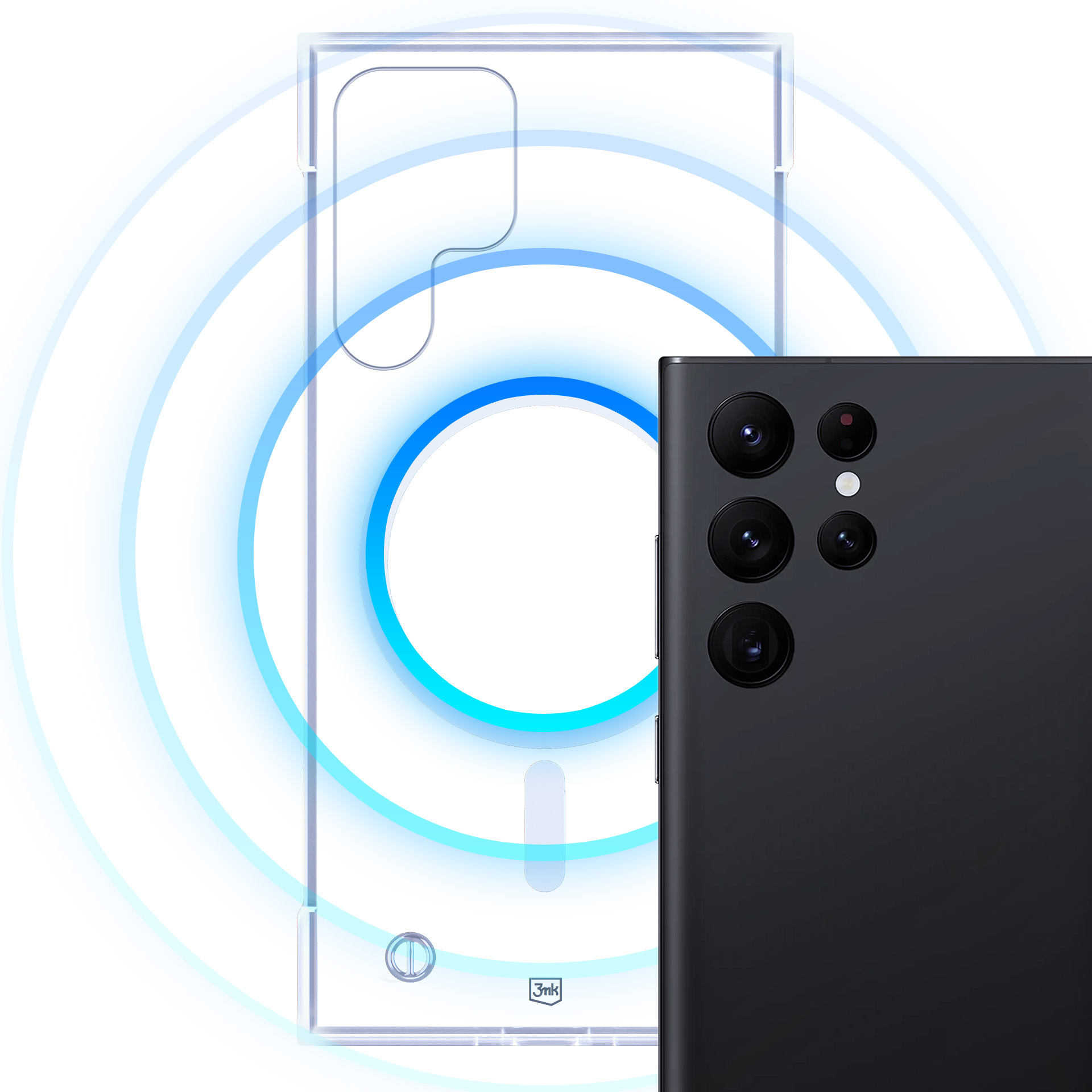 Czarny smartfon z wieloma aparatami, kontur etui ochronnego i niebieskie okrągłe elementy na białym tle.
