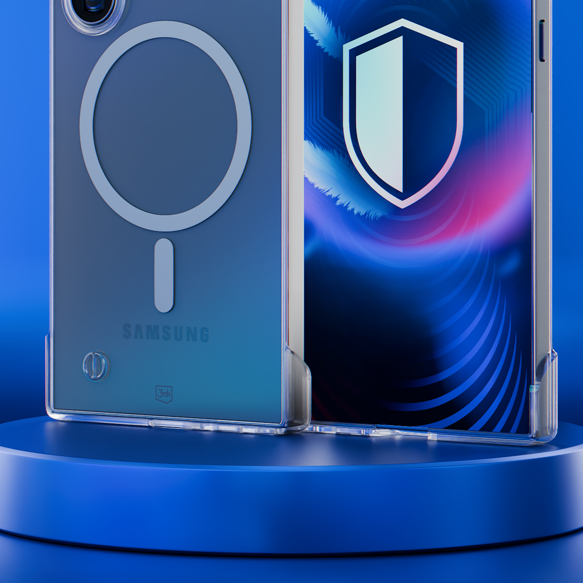 Telefon w przezroczystym etui stoi na niebieskiej platformie. Telefon wyświetla grafikę tarczy. Tło jest niebieskie.