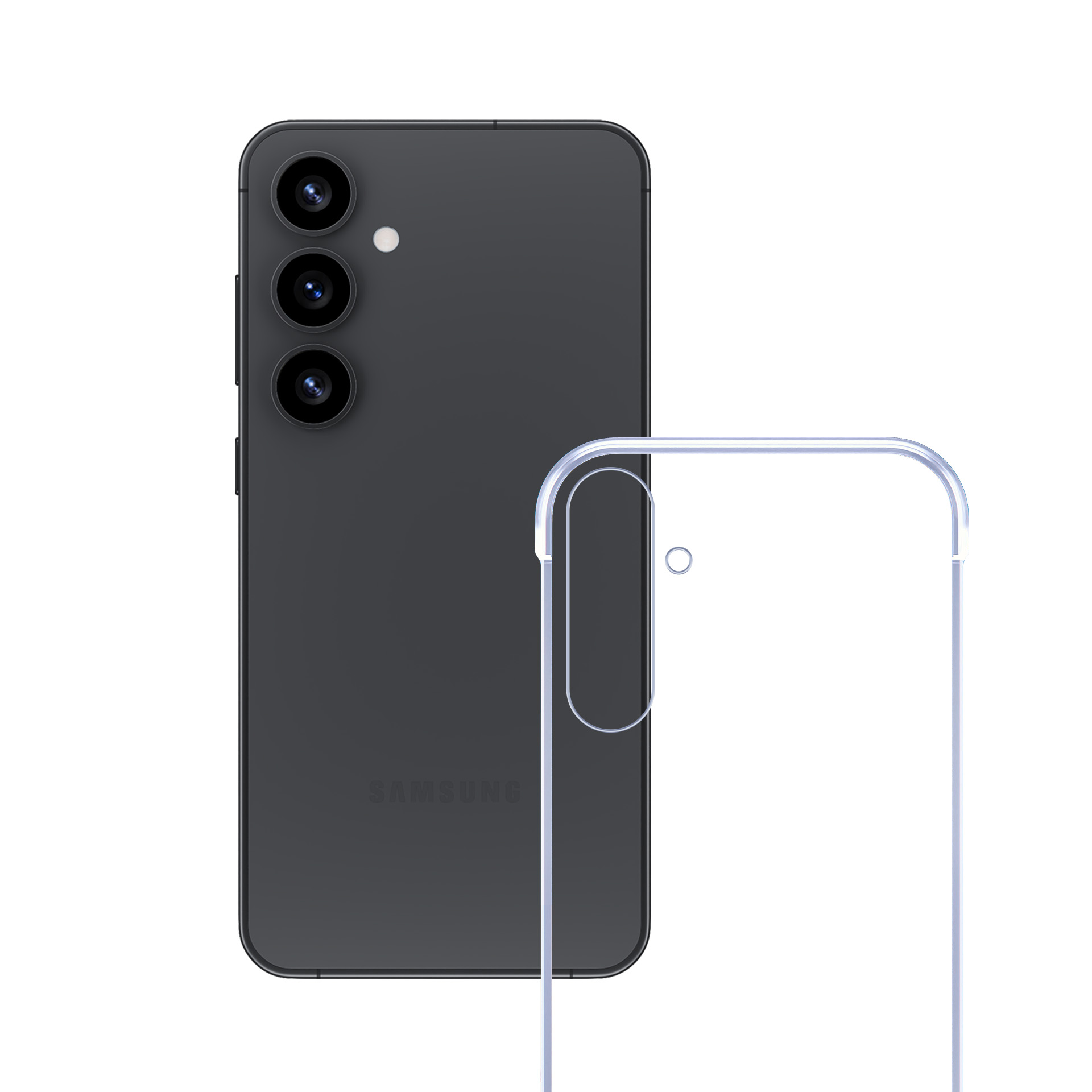 Ciemnoszary smartfon z przezroczystym etui. Telefon ma trzy obiektywy i logo Samsung.