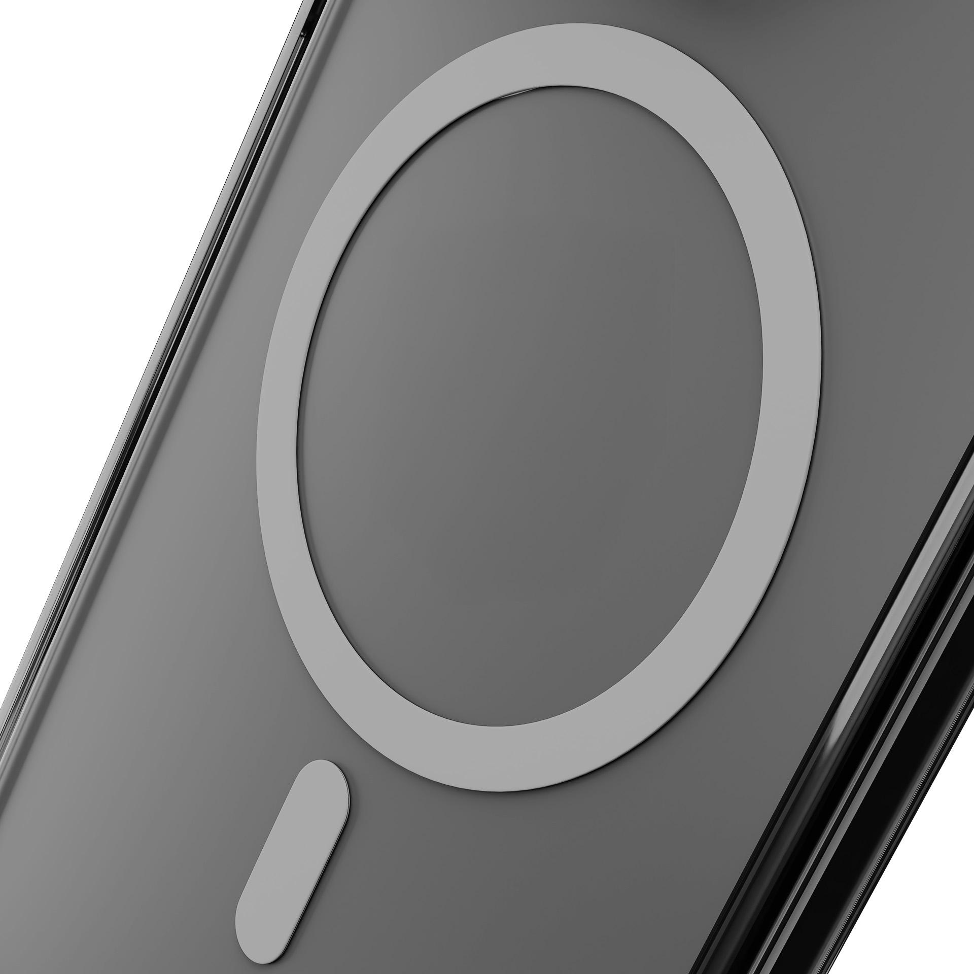 Zbliżenie przezroczystego etui na telefon z szarą, okrągłą podkładką ładującą i dłuższą pod spodem.