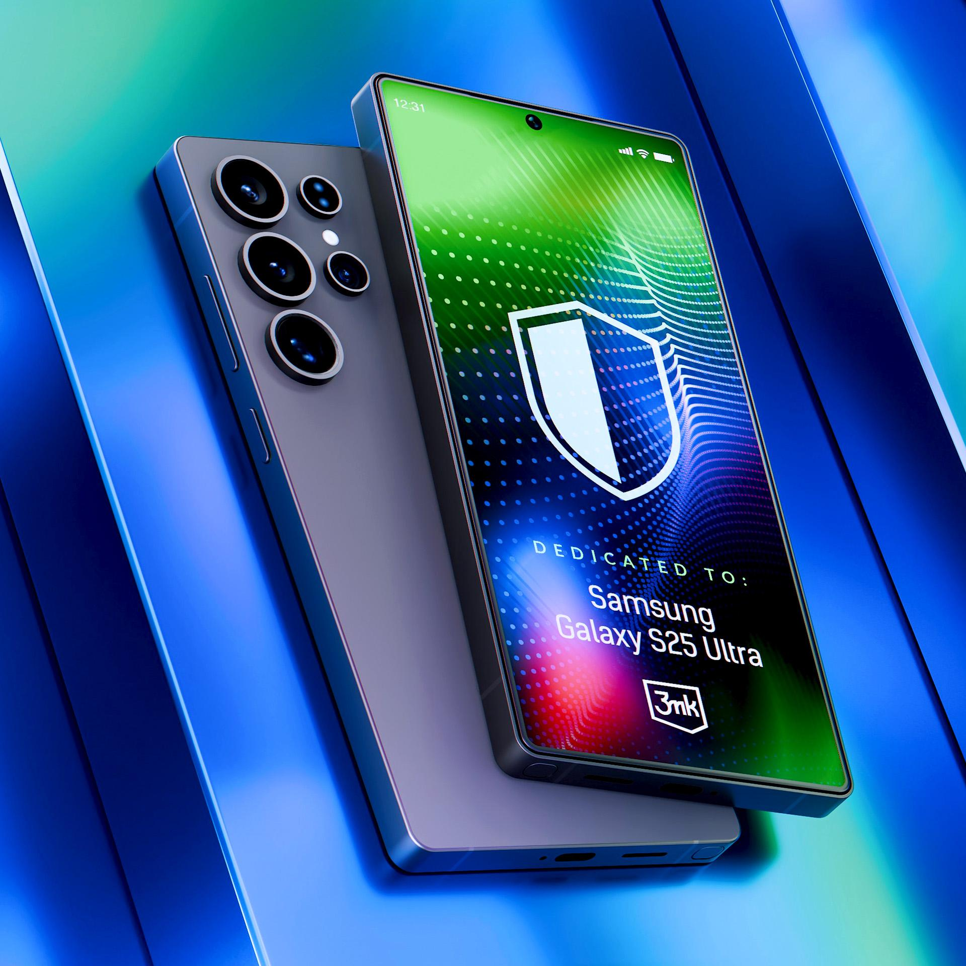 Dwa szare smartfony, jeden nad drugim. Górny wyświetla logo tarczy i słowa 'Samsung Galaxy S25 Ultra'.