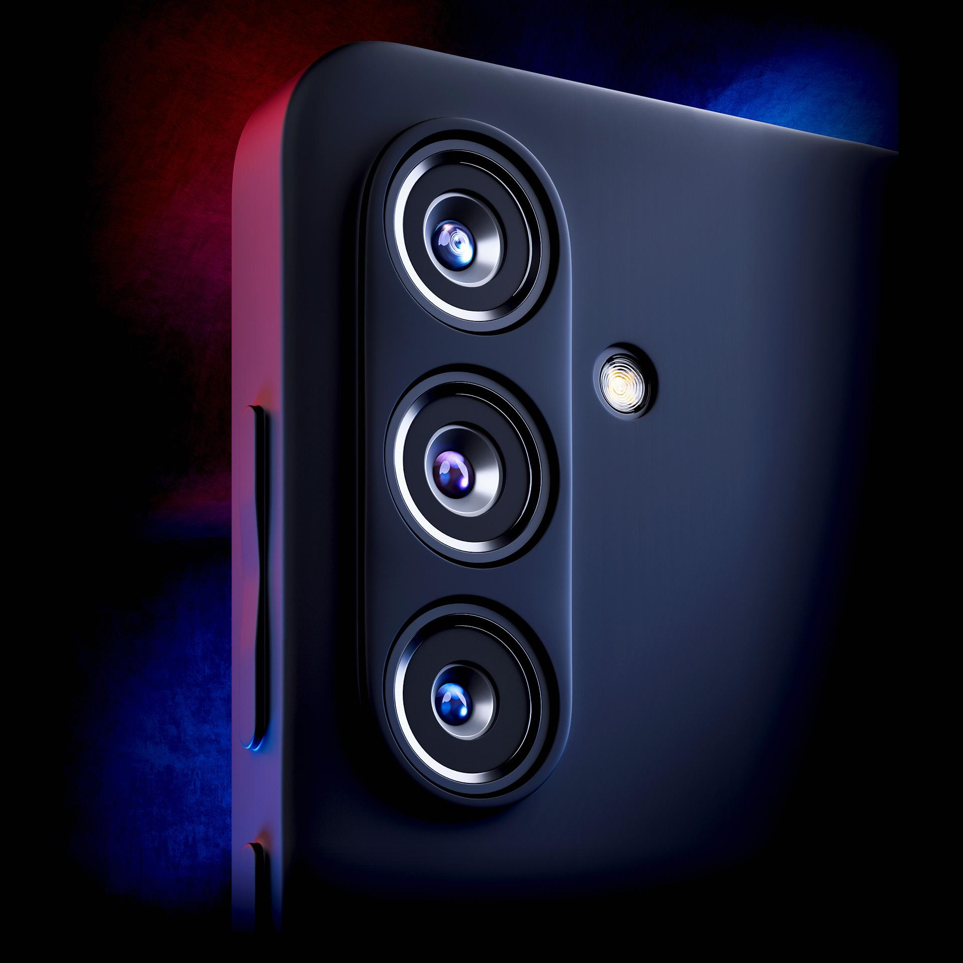 Zbliżenie tylnej części smartfona, z trzema obiektywami aparatu i lampą błyskową. Telefon jest ciemnoniebieski z żywym oświetleniem.