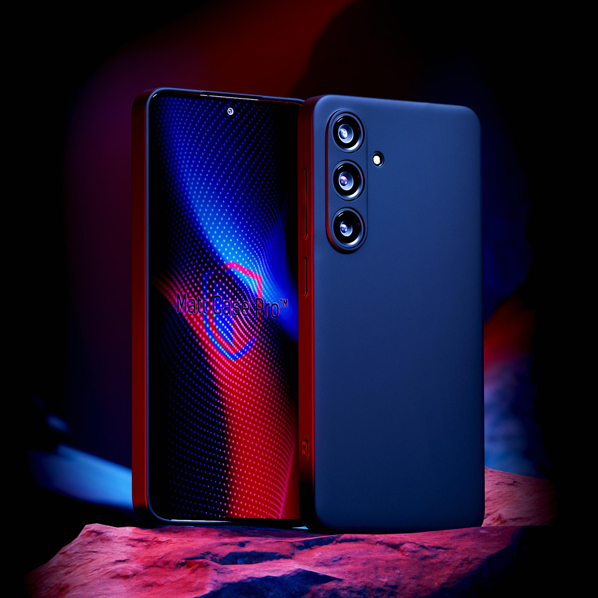 Etui na telefon, niebieskie po prawej, z niebieskim i czerwonym wzorem. Etui jest na czerwonej, skalistej powierzchni.