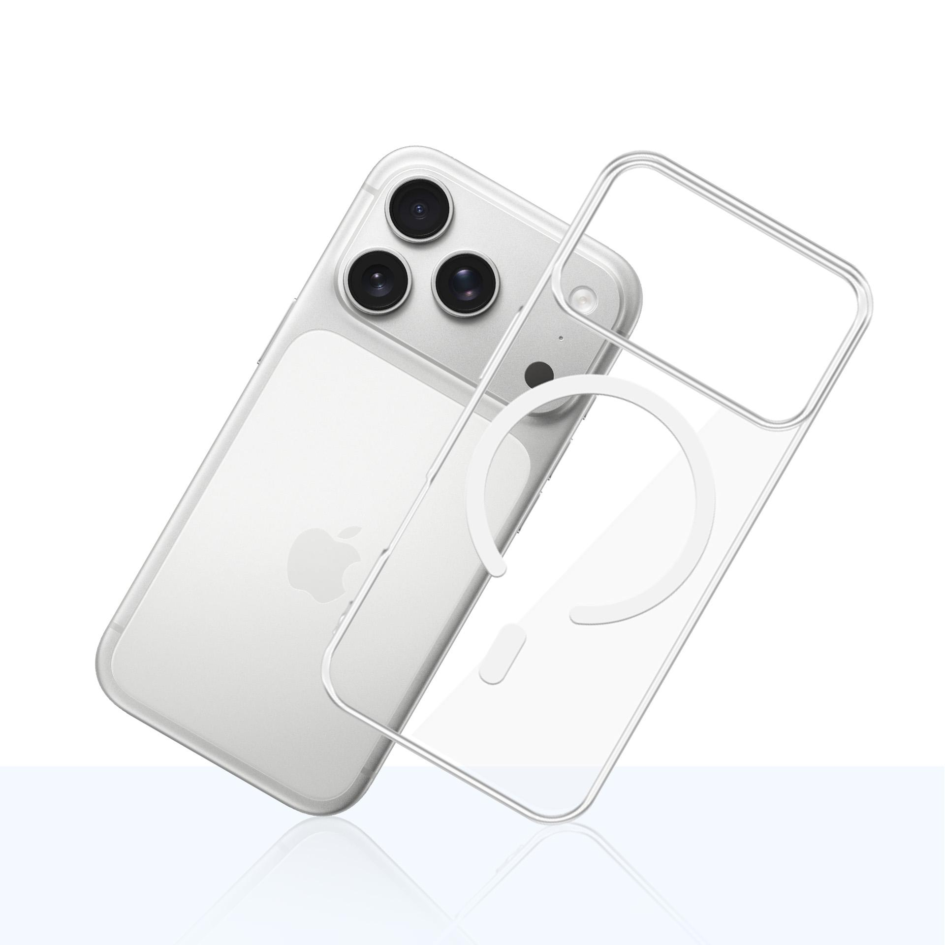 Srebrny iPhone z przezroczystym etui. Etui jest z boku. Widoczne jest logo Apple.