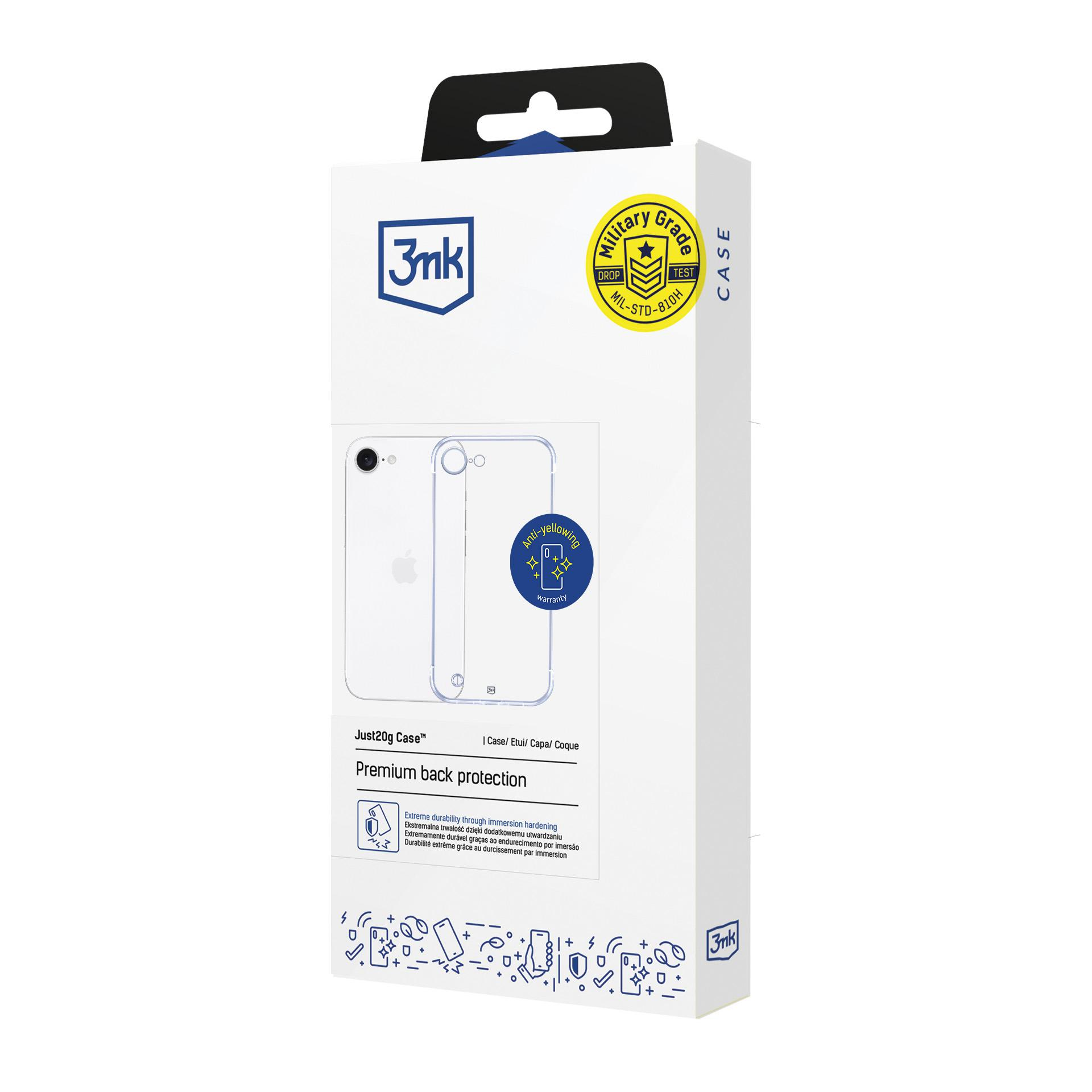 Pudełko na etui na telefon z widocznym przezroczystym etui. Tekst zawiera 'Military Grade' i 'Anti-yellowing'.
