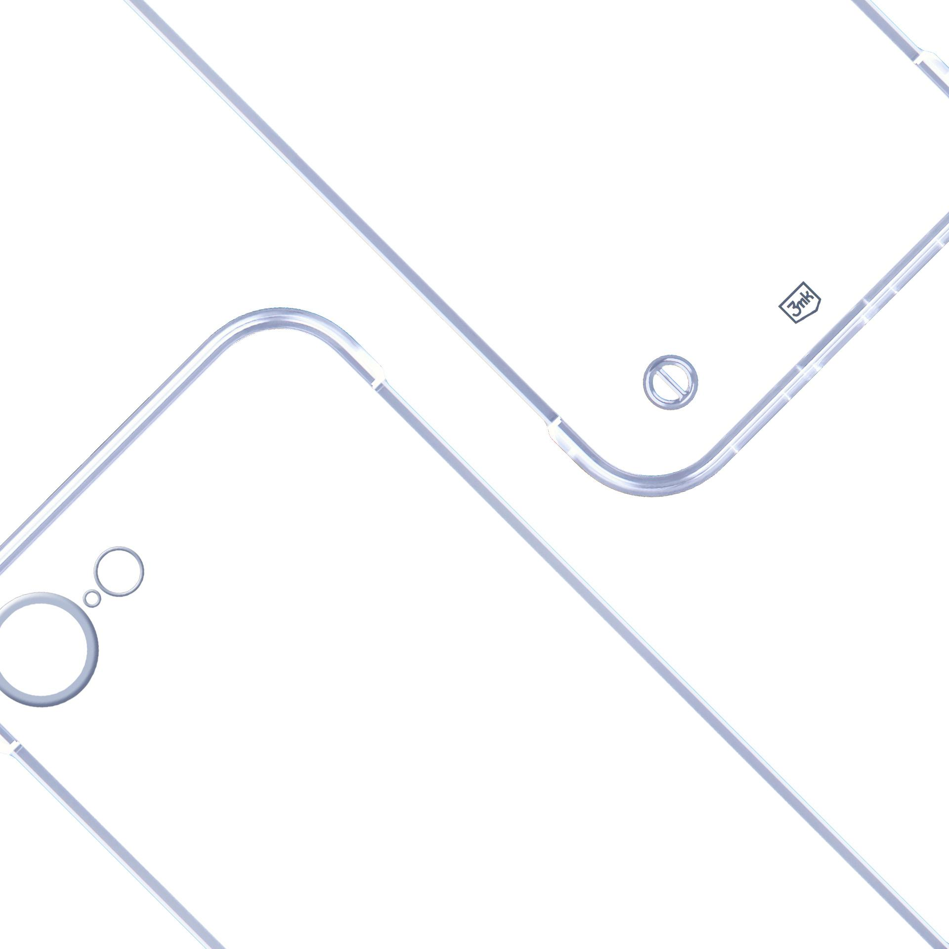 Przezroczyste etui na telefon z zakrzywionymi krawędziami i logo w rogu. Posiada wycięcie na aparat i zaokrąglone rogi.