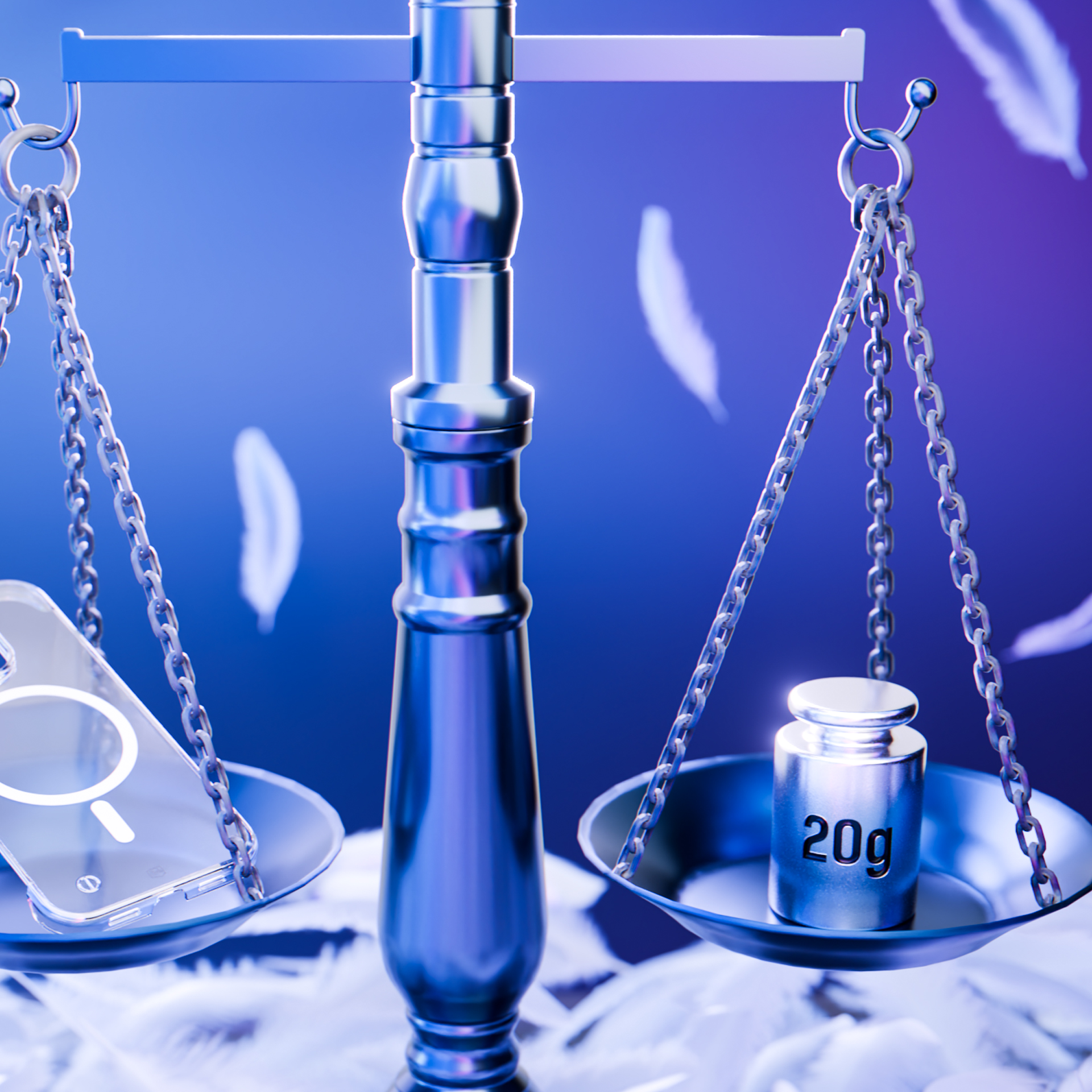 Waga z etui na telefon z jednej strony i ciężarkiem 20g z drugiej, z piórami w tle.