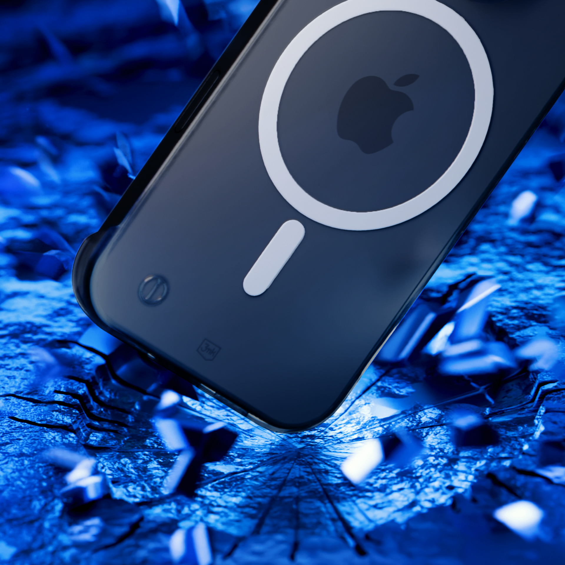 Etui na telefon z logo Apple na niebieskiej, pękniętej powierzchni. Tło ma niebieskie odłamki.