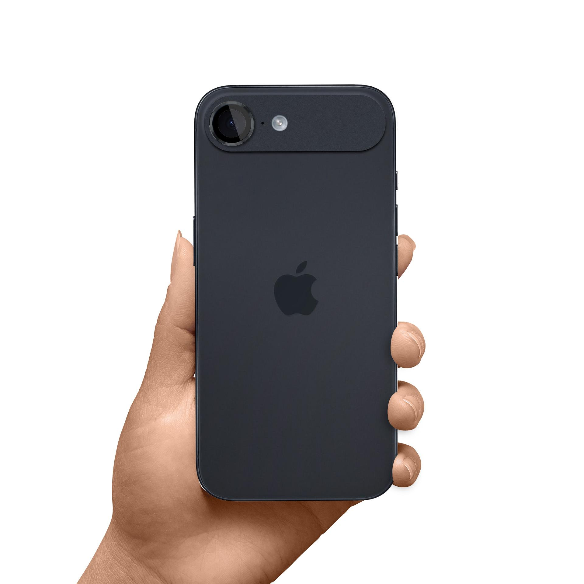 Un iPhone blu scuro tenuto in mano. Il telefono ha una fotocamera e il logo Apple. Sfondo bianco.