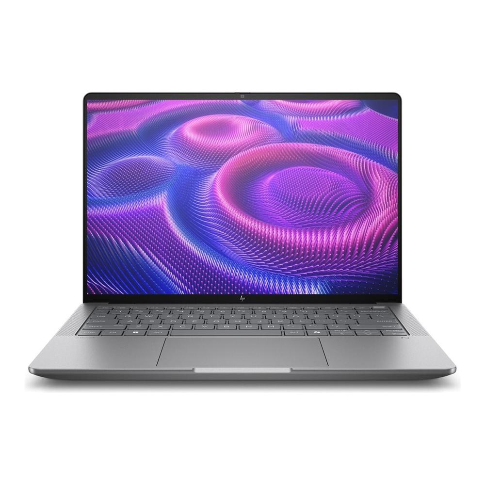 Un portátil HP plateado está abierto. La pantalla muestra un patrón de remolino morado y azul. El teclado es visible y el fondo es blanco.