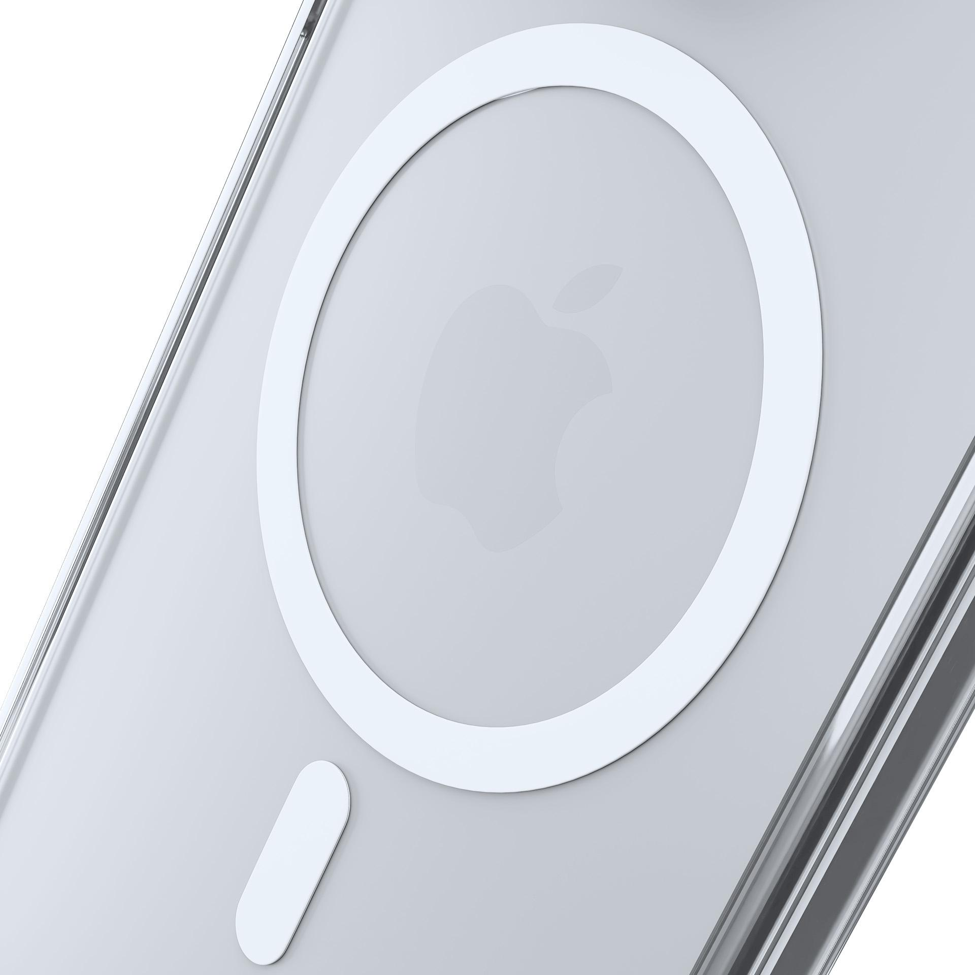 Przezroczyste etui na telefon z białym, okrągłym pierścieniem MagSafe i logo Apple. Widoczny jest biały element w kształcie pigułki.