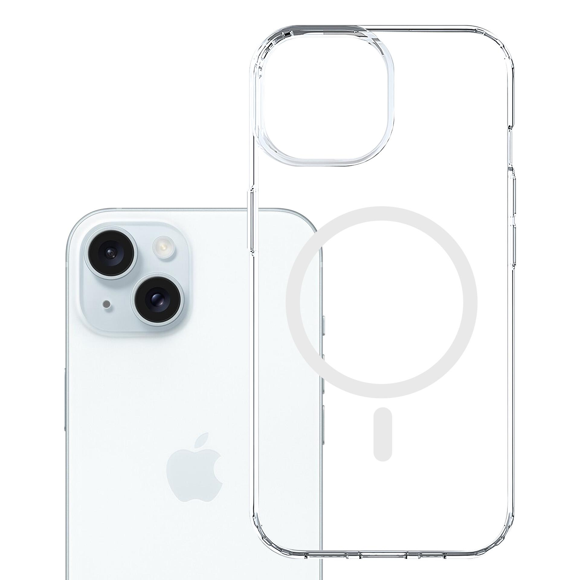 Biały iPhone z przezroczystym etui. Telefon ma dwa aparaty. Etui pokazuje biały okrągły wzór.