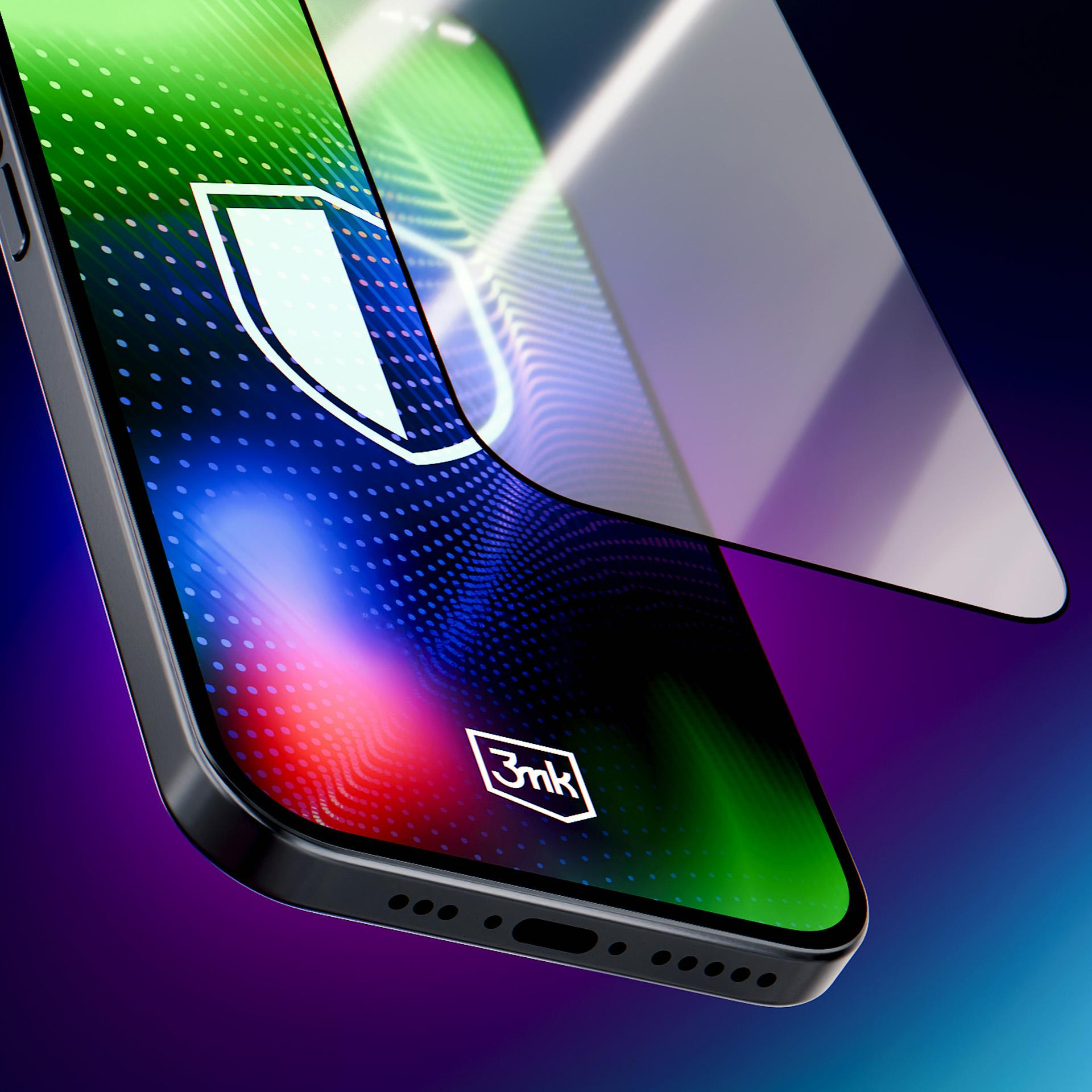 Telefon z ochroną ekranu. Ekran pokazuje logo tarczy na kolorowym tle. Ochrona jest lekko podniesiona.