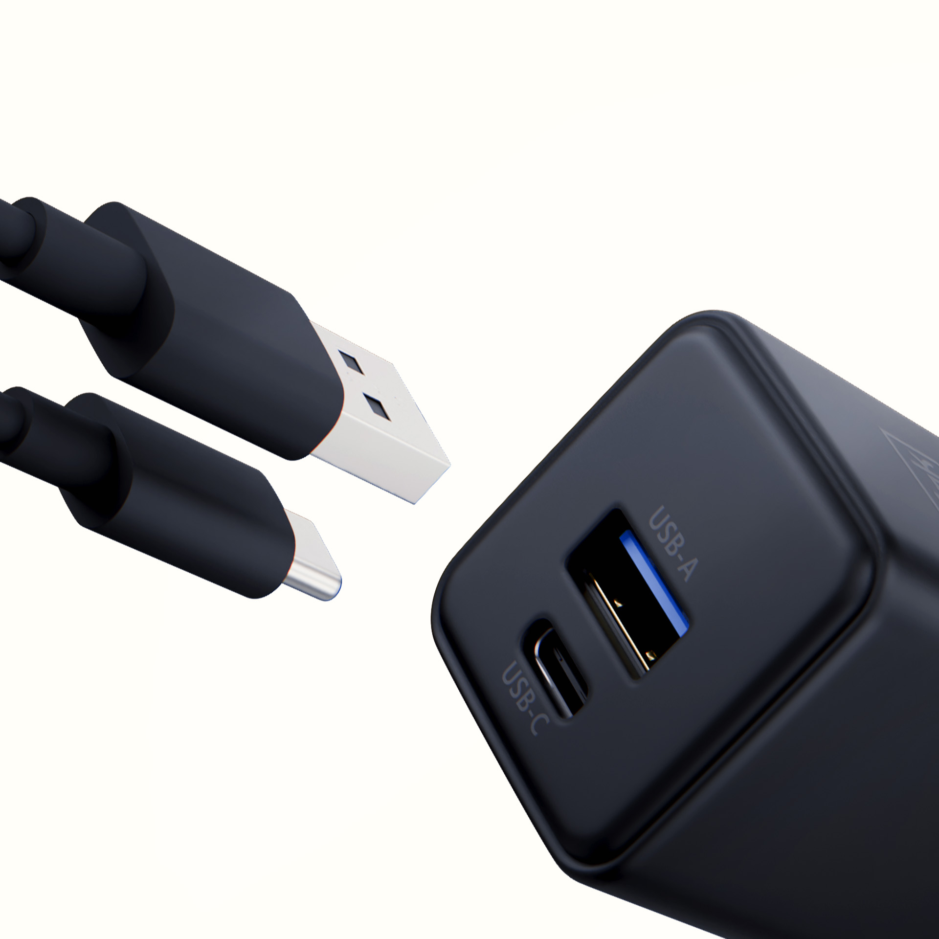 Czarna ładowarka z portami USB-A i USB-C. Kable USB podłączone. Białe tło.