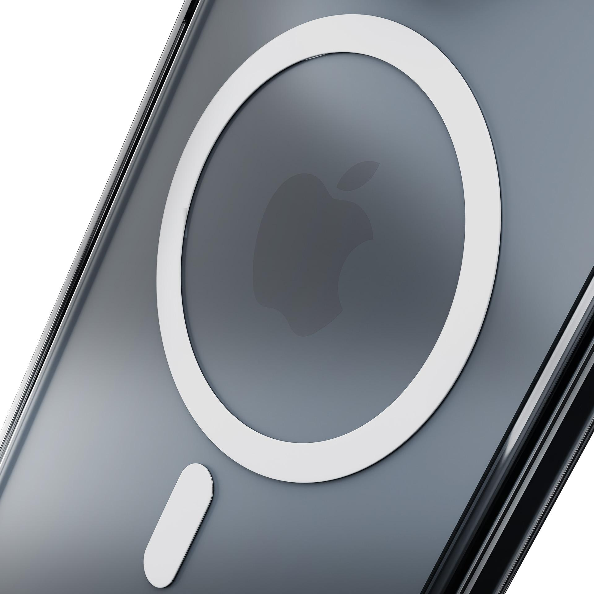 Przezroczyste etui na telefon z białym pierścieniem i logo Apple. Na dole znajduje się biały owal. Szare tło.