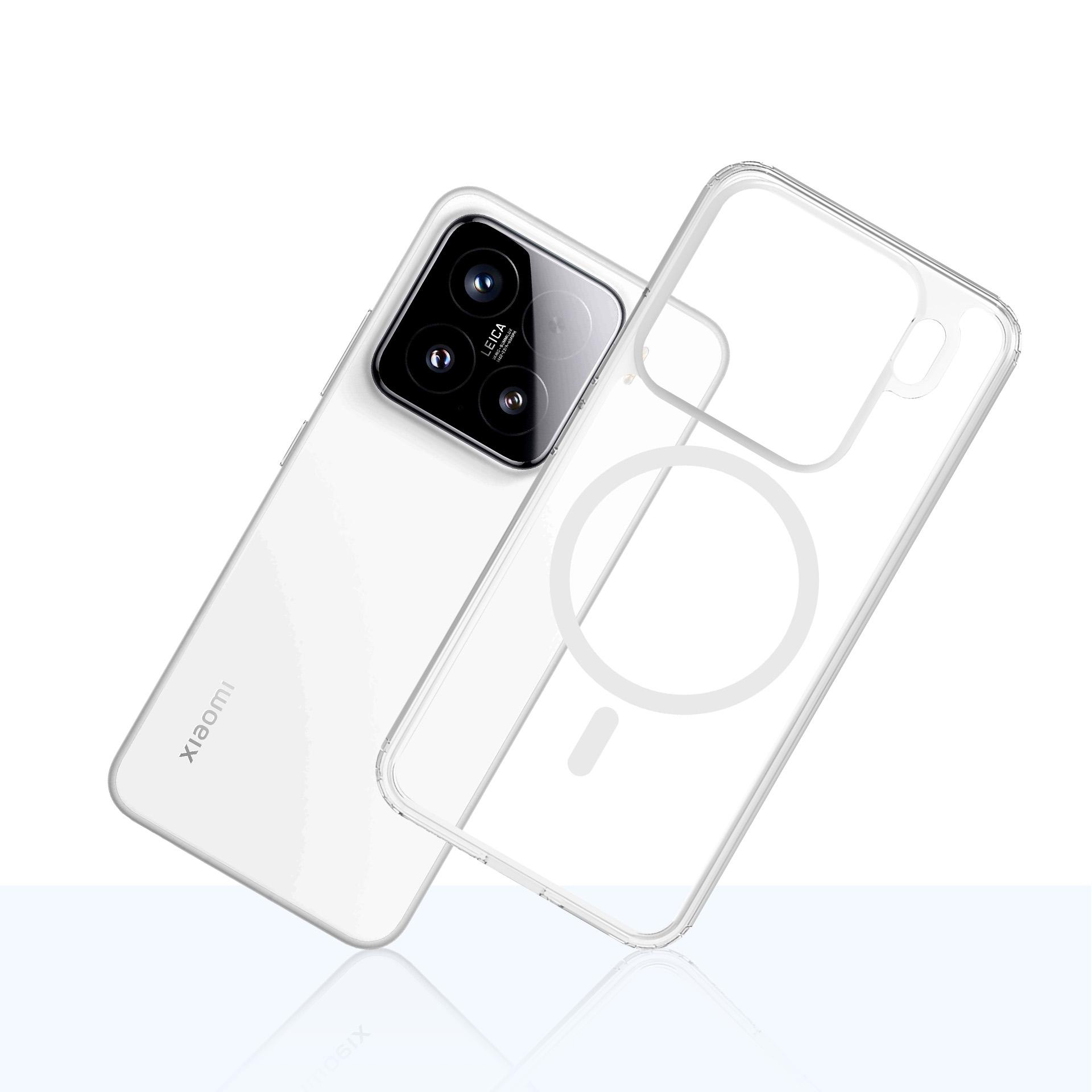 Biały telefon Xiaomi z aparatem Leica i przezroczystym etui. Oba są ustawione pod kątem na białej powierzchni.