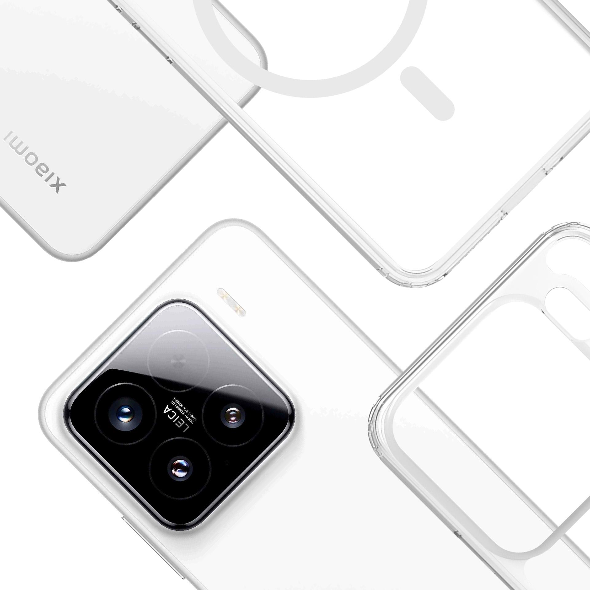Zbliżenie białego smartfona z wieloma obiektywami, otoczonego przezroczystymi etui ochronnymi. Widoczne logo Xiaomi.