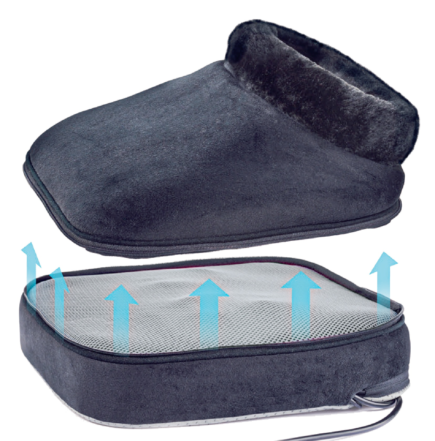A dark gray heated slipper with a separate base, showing arrows indicating heat flow. The slipper is open.