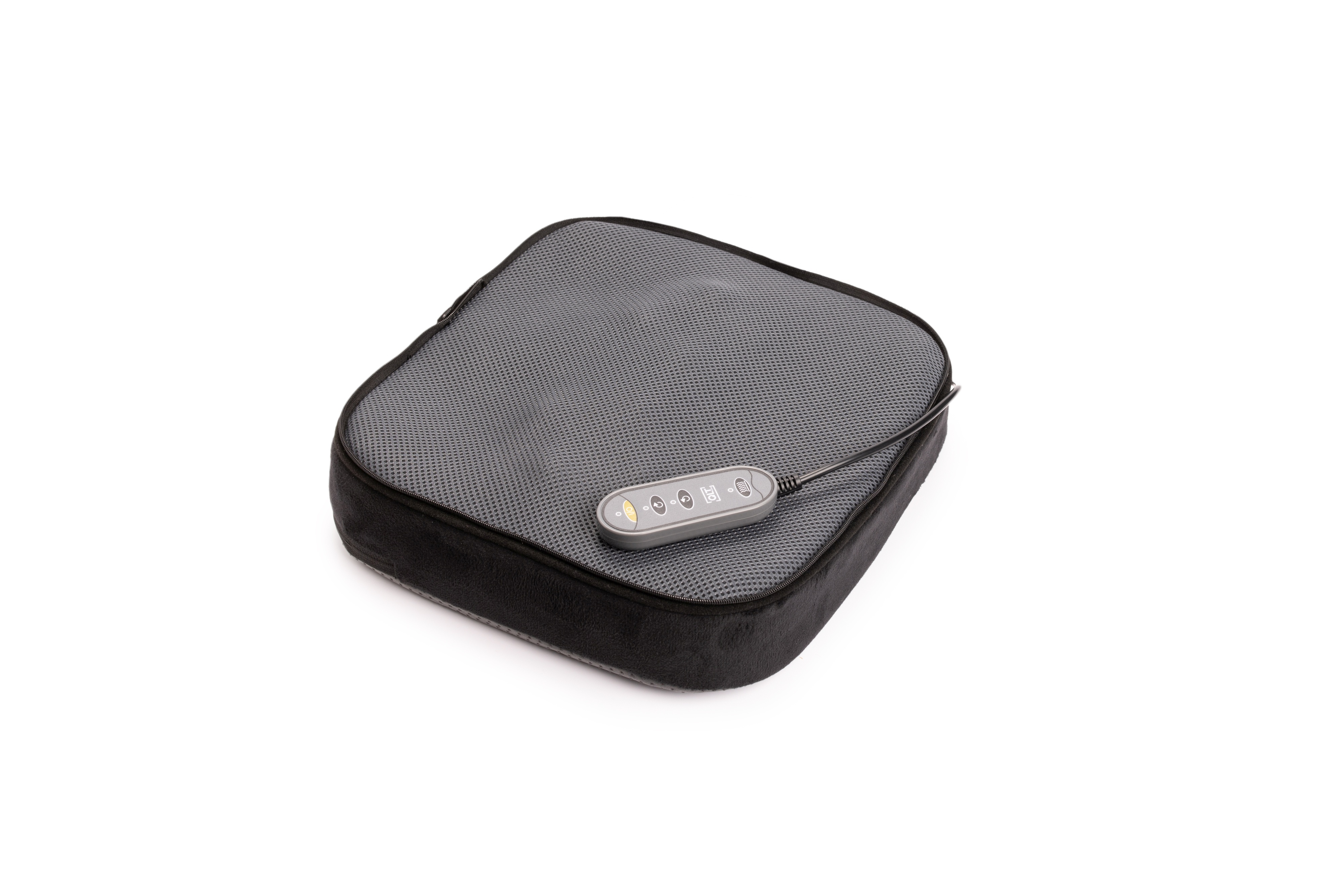 A gray cushion with a control panel and black trim sits on a white background.