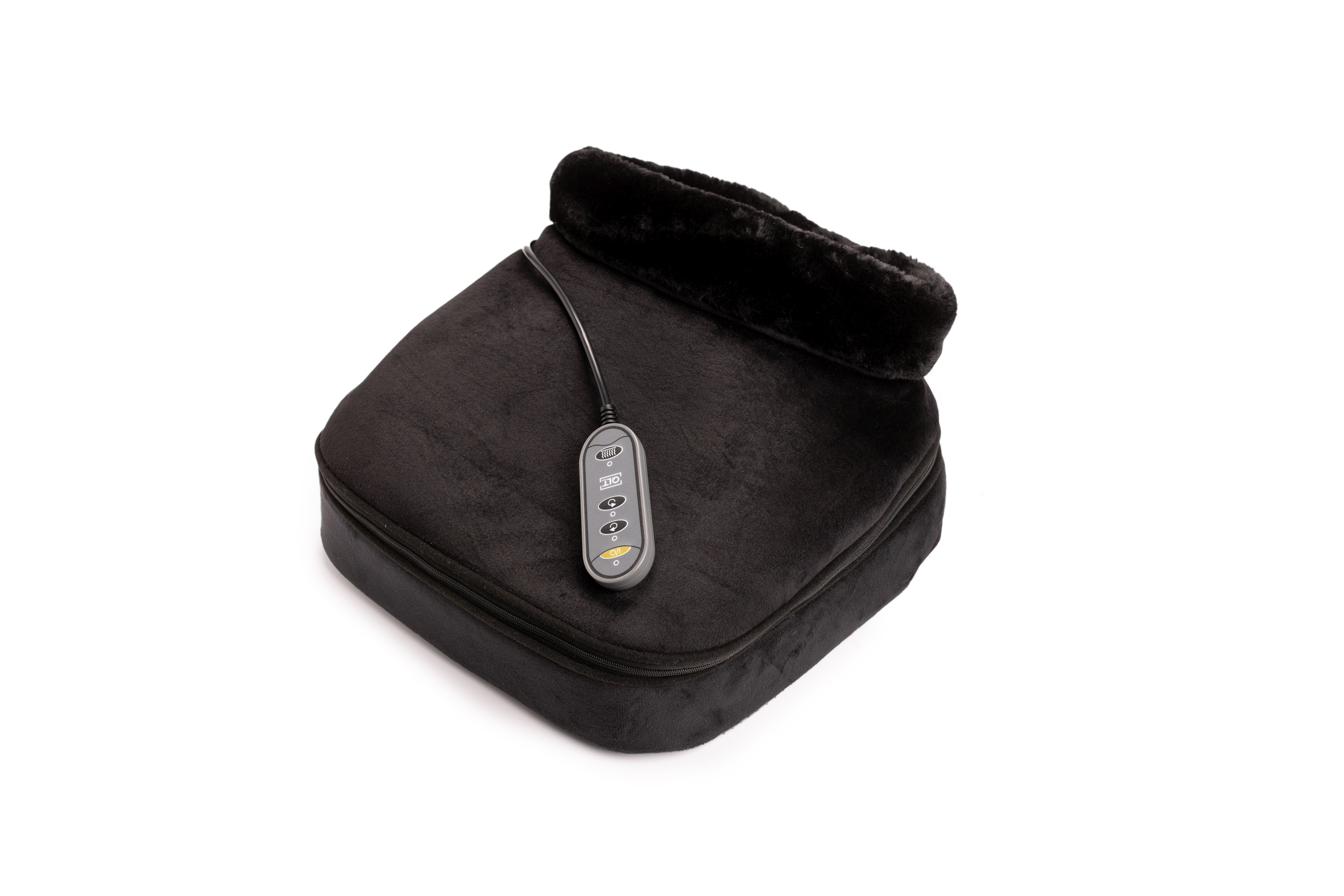 A black foot warmer with a control panel and a fluffy edge sits on a white background.