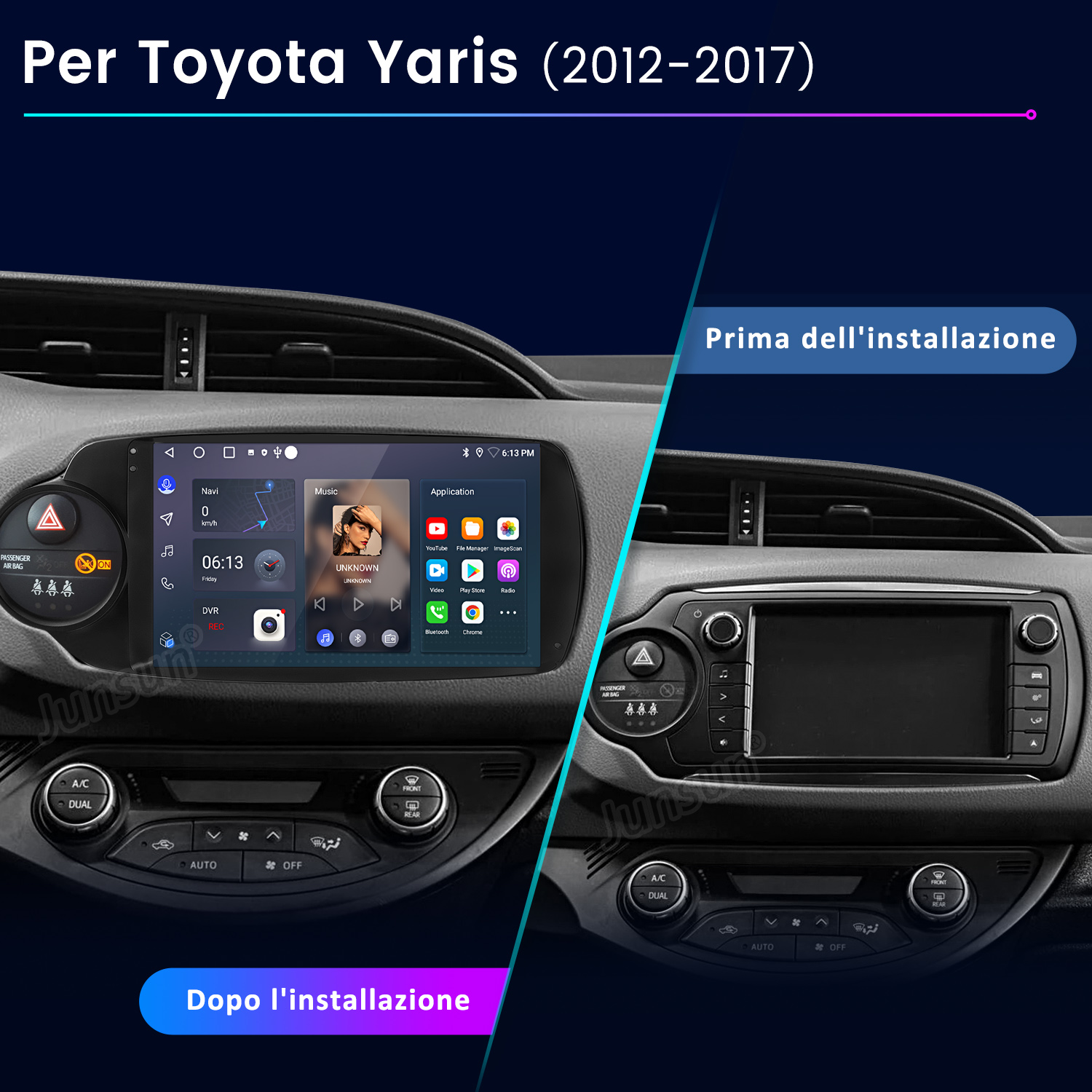 Confronto del cruscotto dell'auto: prima e dopo l'installazione di un nuovo sistema di infotainment. Mostra lo schermo e i comandi.