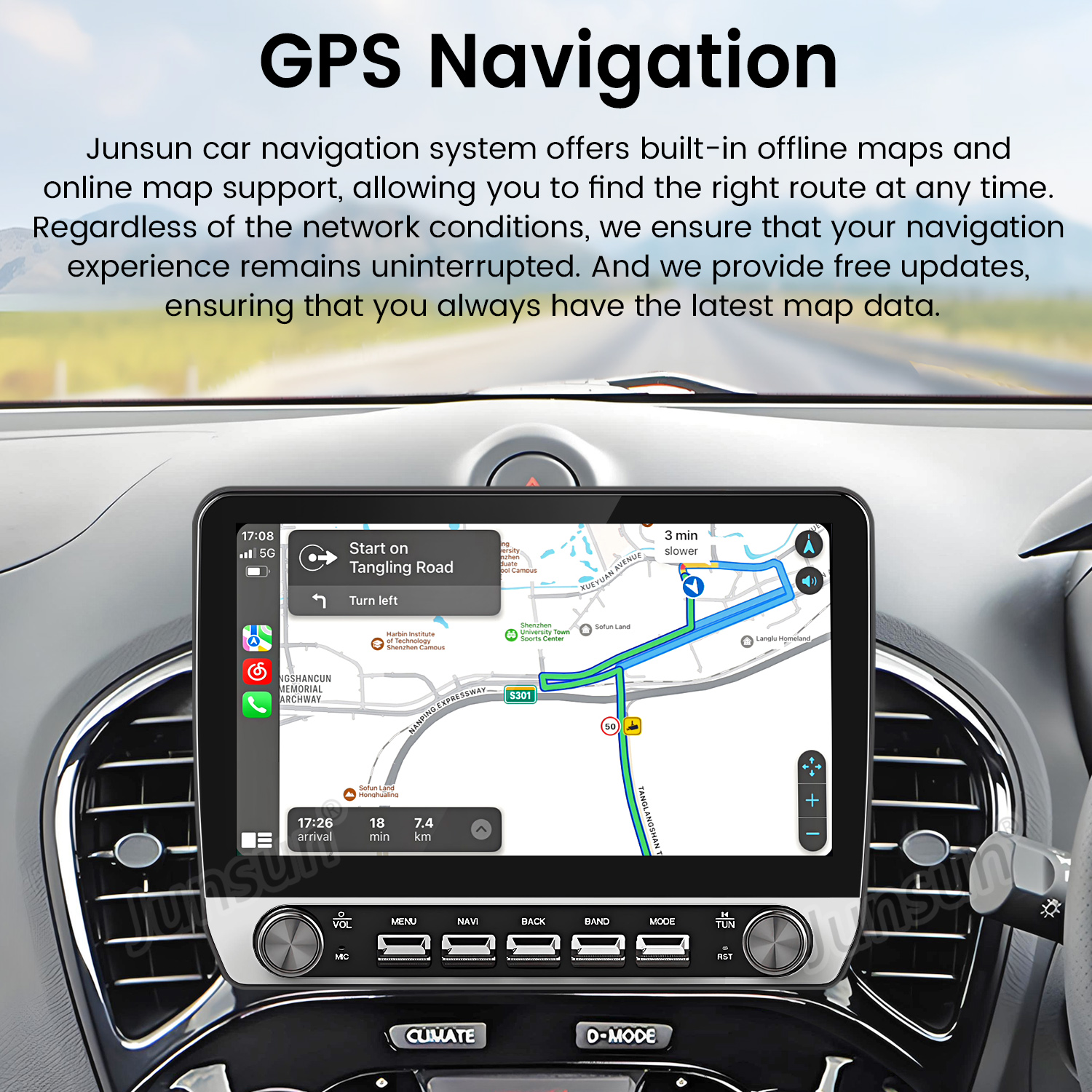 Schermo del sistema di navigazione dell'auto che mostra la mappa e i controlli.