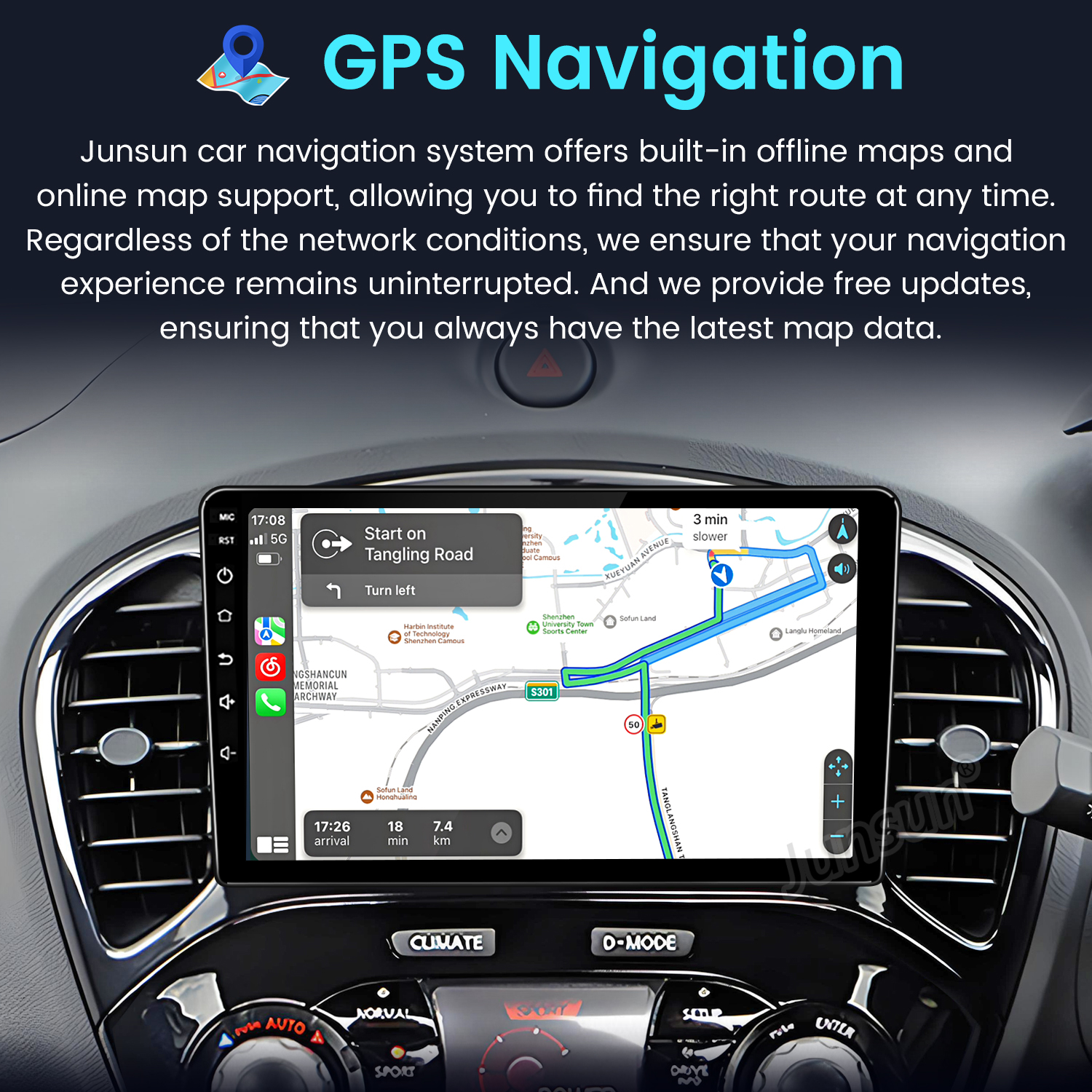 Cruscotto auto con navigazione GPS, mappa, ora e informazioni sul percorso.