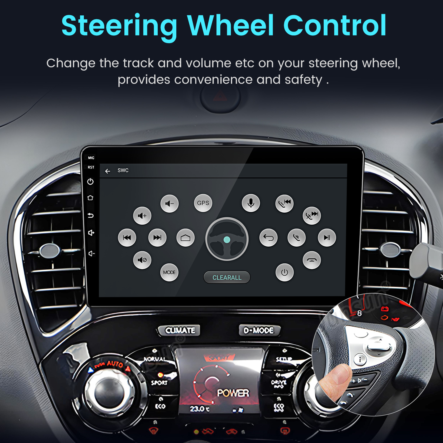 Cruscotto auto con comandi al volante, display centrale e primo piano del volante con controlli.