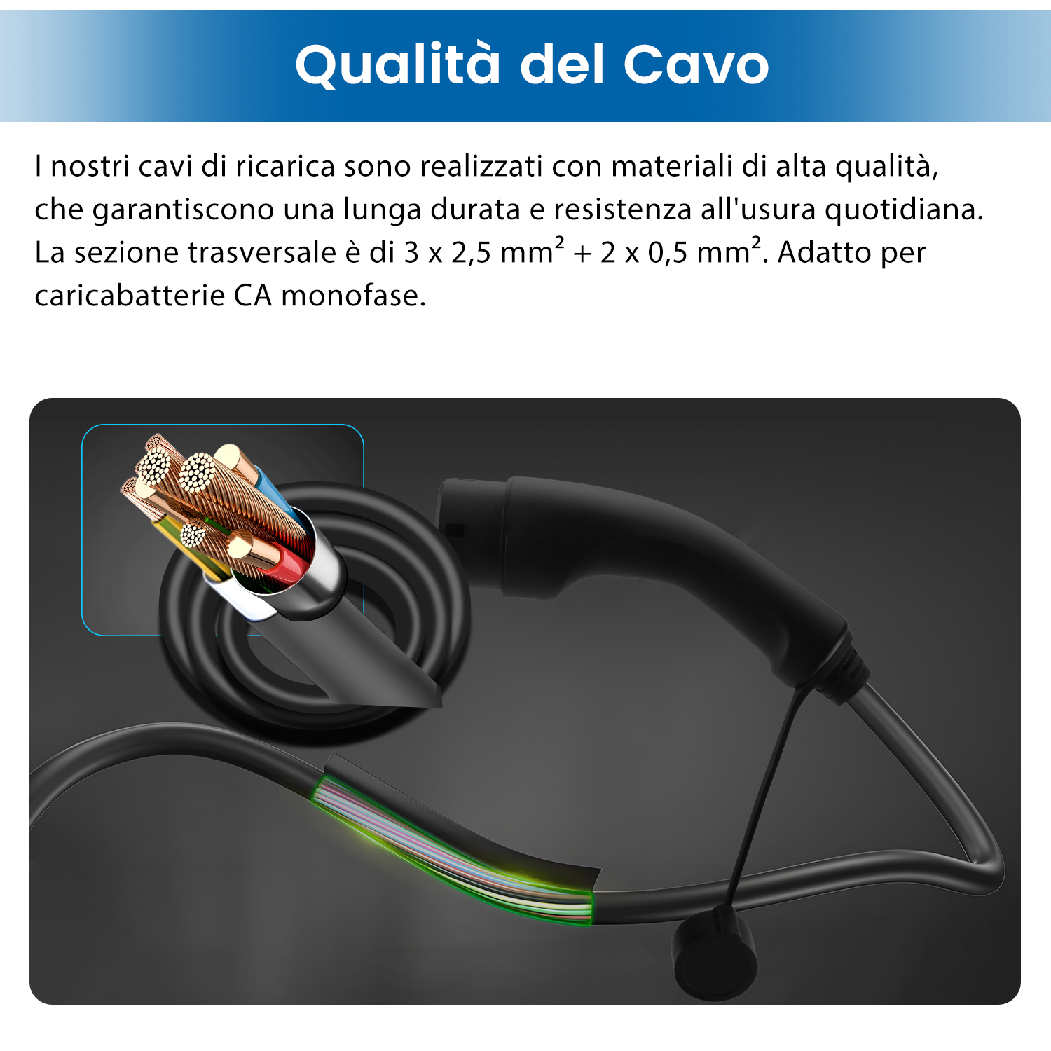 Primo piano di un cavo di ricarica nero, che mostra i fili interni. Sottolinea la qualità e la durata per l'uso quotidiano.