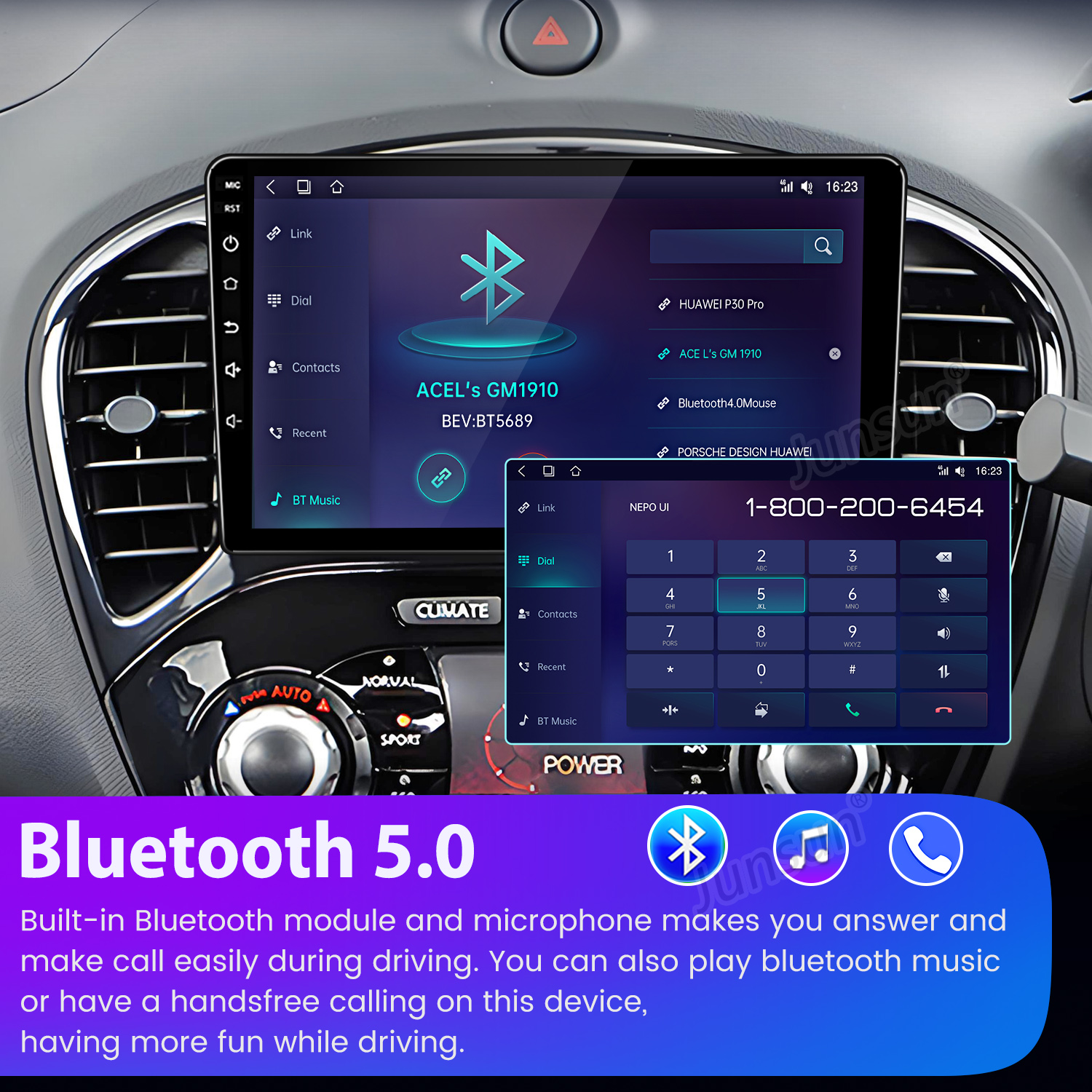 Autoradio con Bluetooth 5.0, schermo di composizione telefonica e logo Bluetooth. Lo schermo mostra le funzioni di chiamata e il numero 1-800-200-6454.
