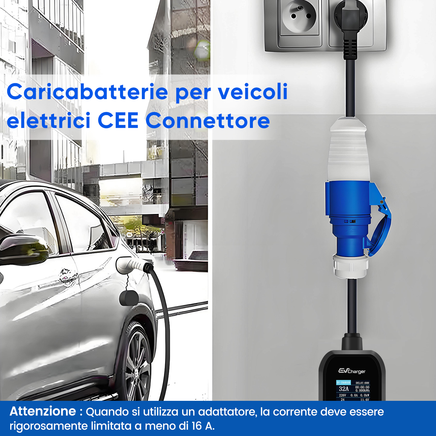 Un'auto elettrica in carica con un cavo. Un connettore di ricarica blu è su un muro.