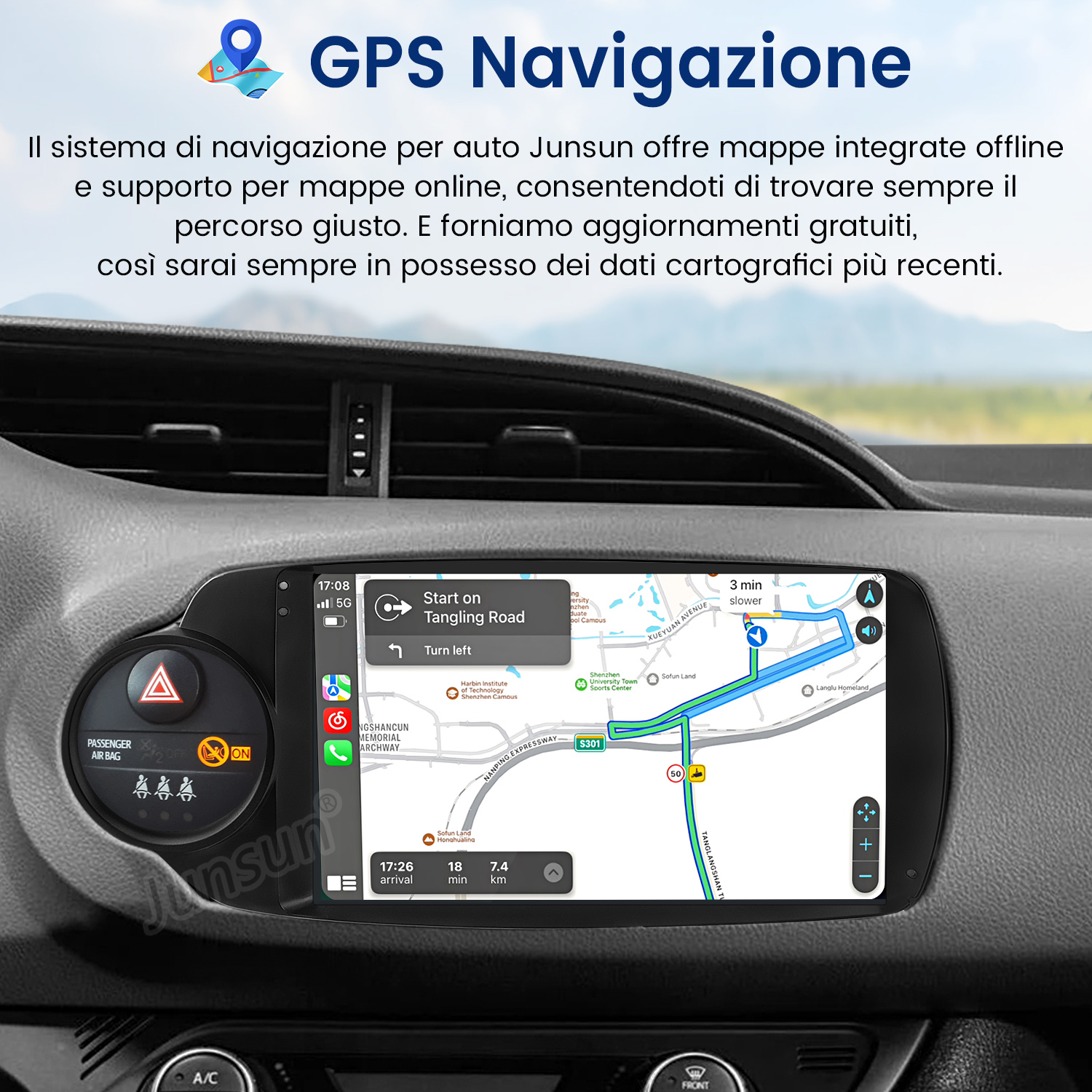 Cruscotto auto con navigazione GPS e mappa. Testi in italiano, avviso airbag passeggero e comandi auto.