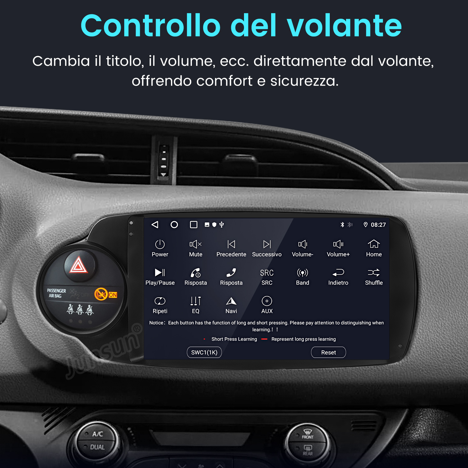 Cruscotto auto con display touchscreen. Testo italiano: 'Controllo del volante'.