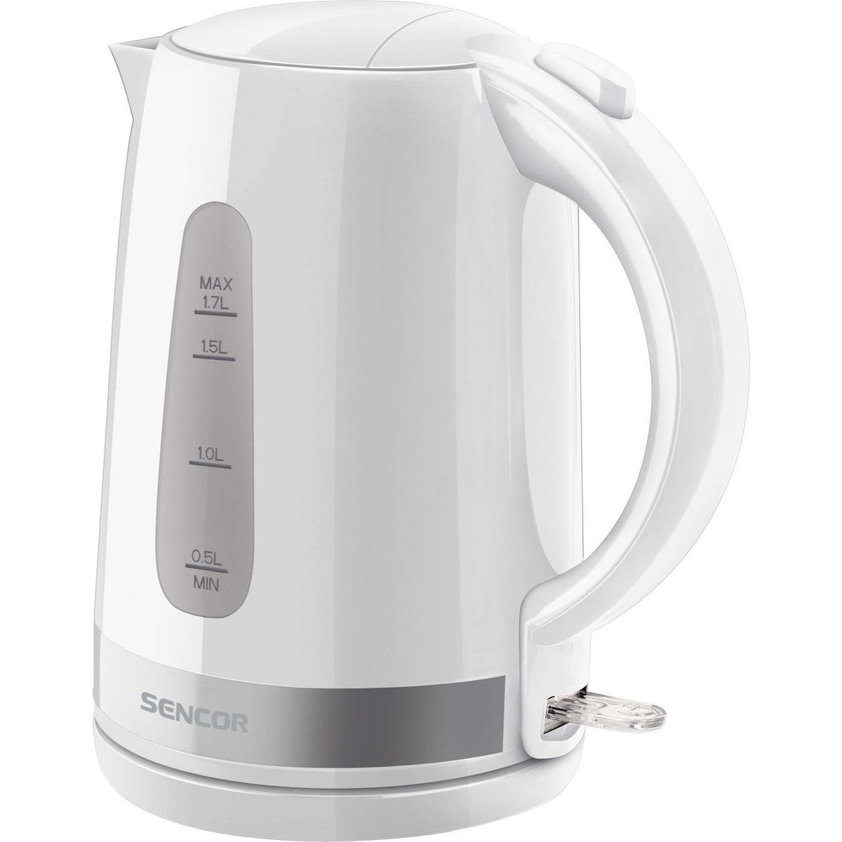 Un bollitore elettrico Sencor bianco. Ha un manico, indicatori del livello dell'acqua e un interruttore on/off trasparente.