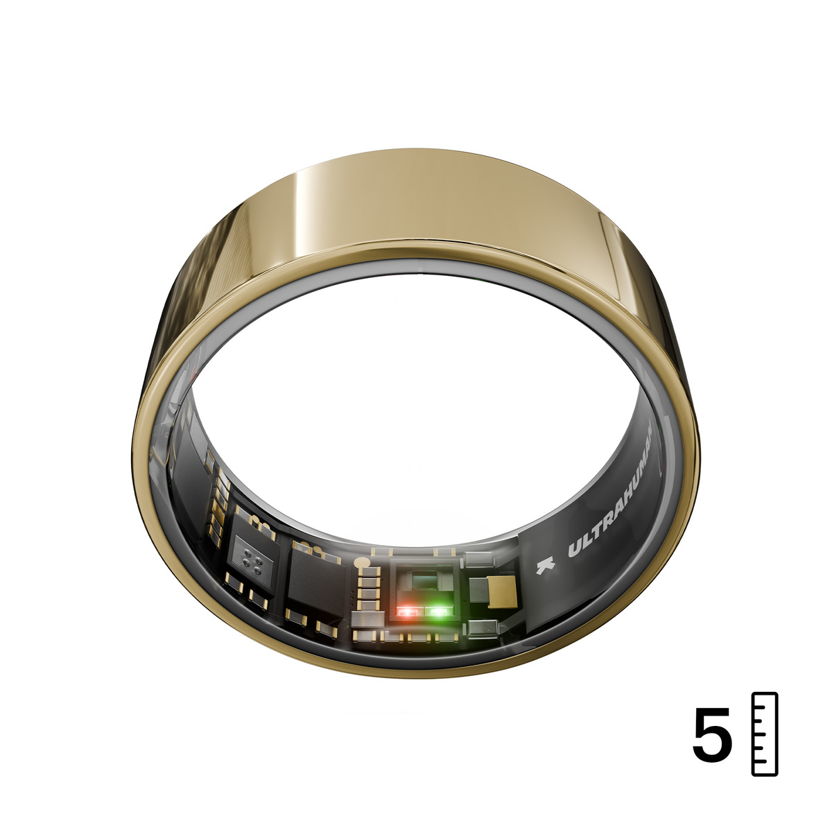 Ein goldener intelligenter Ring mit sichtbarer interner Schaltung. Er hat rote und grüne Lichter, mit der Zahl 5 und einer Skala rechts.