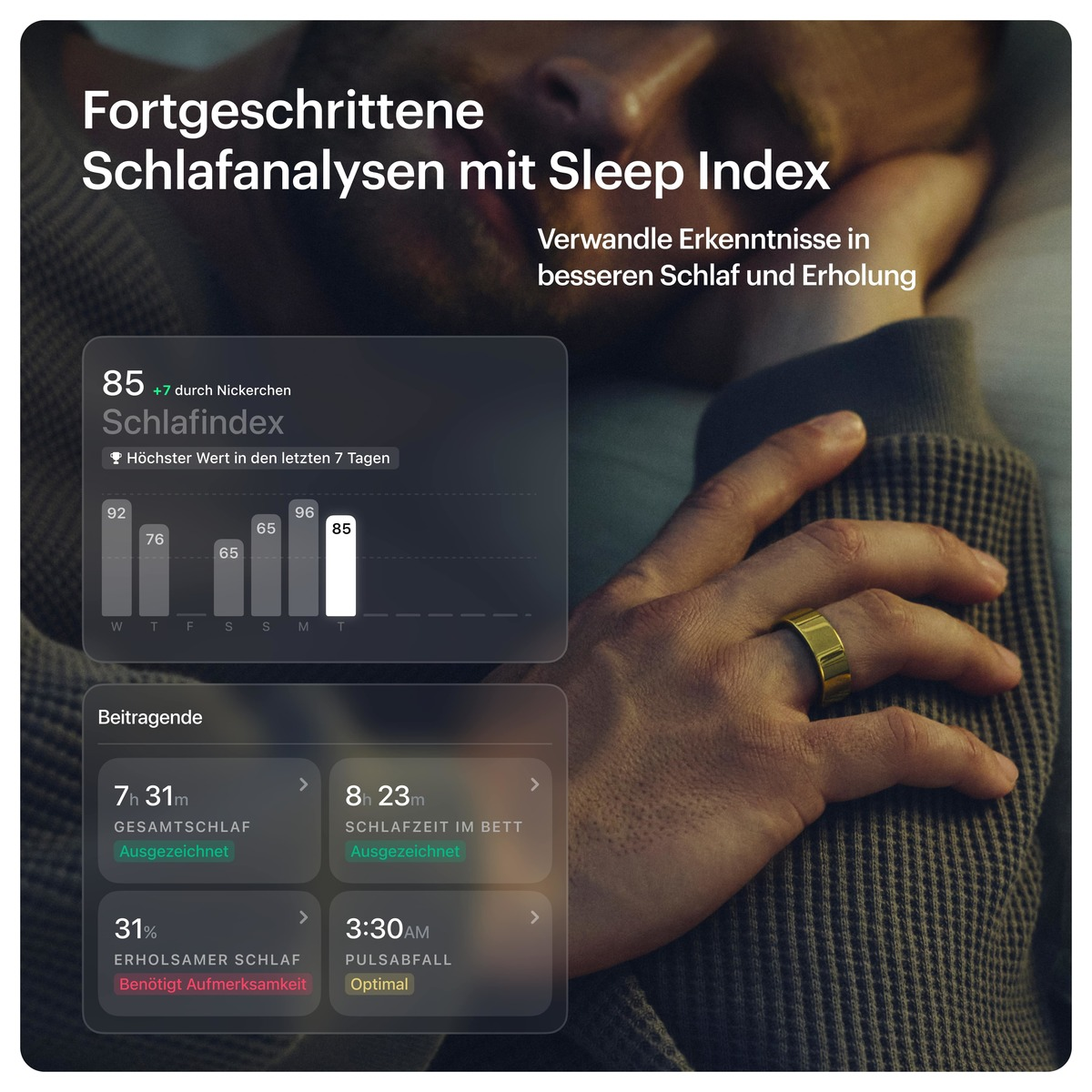 Eine Hand mit goldenem Ring liegt auf einem Bett, Schlafanalyse-Daten werden angezeigt. Daten zeigen Schlafqualitätsmetriken und -zeiten.