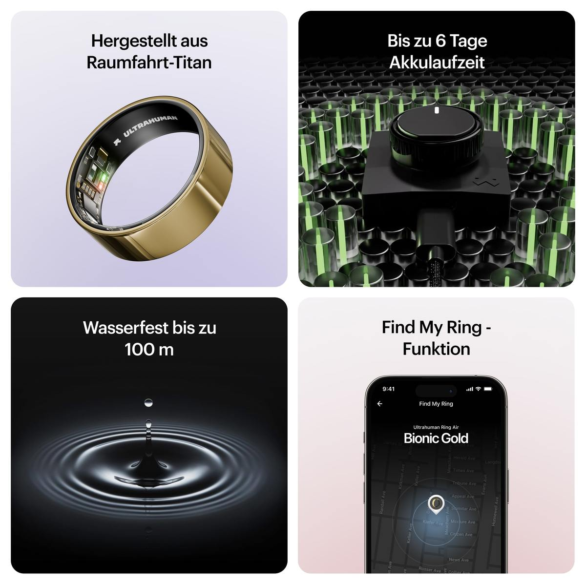 Das Bild zeigt einen goldenen Ring, ein Ladegerät, einen Wassertropfen und ein Telefon, das eine Karte mit einem Standortmarker anzeigt.