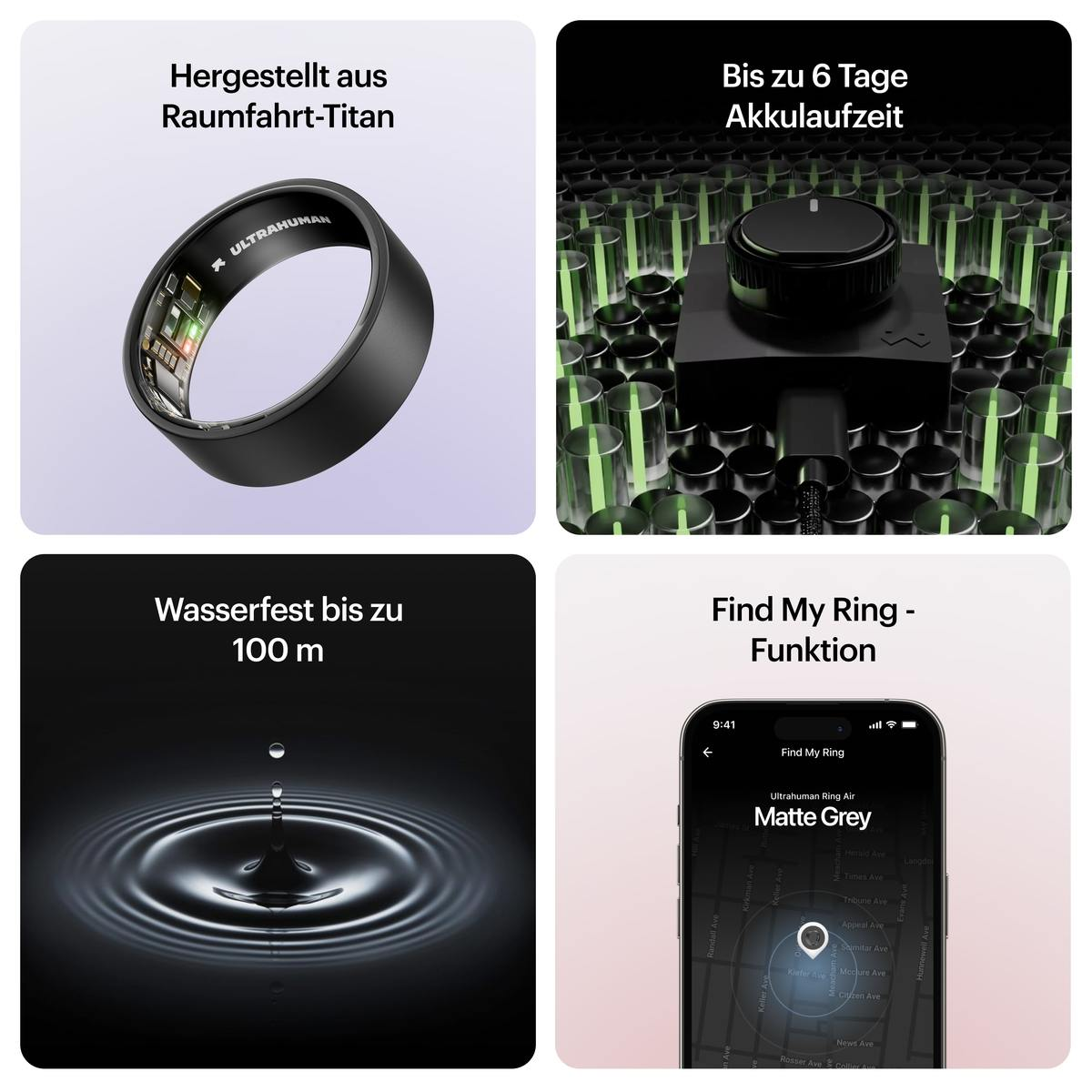 Ein schwarzer Ring mit Markenname, ein Bild eines Ladegeräts, ein Wassertropfen und ein Telefon mit Karte.