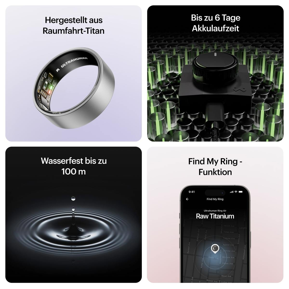 Das Bild zeigt einen UltraHuman-Ring, ein Ladegerät, Wassertropfen und einen Telefonbildschirm, der eine Karte mit einem Standortmarker anzeigt.