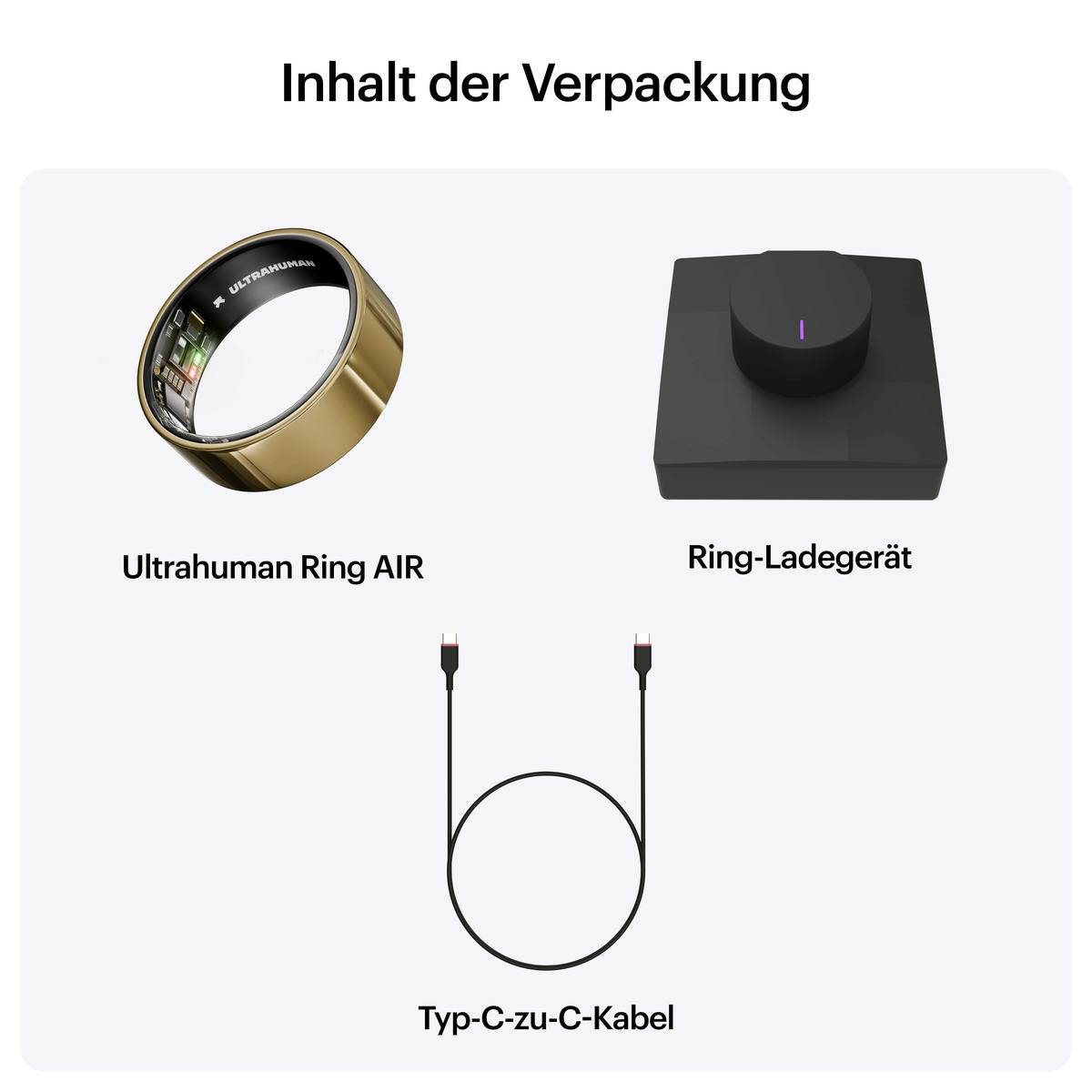 Das Bild zeigt einen Ultrahuman Ring AIR, eine Ladestation und ein USB-C-Kabel auf weißem Hintergrund. Text beschriftet jeden Artikel.