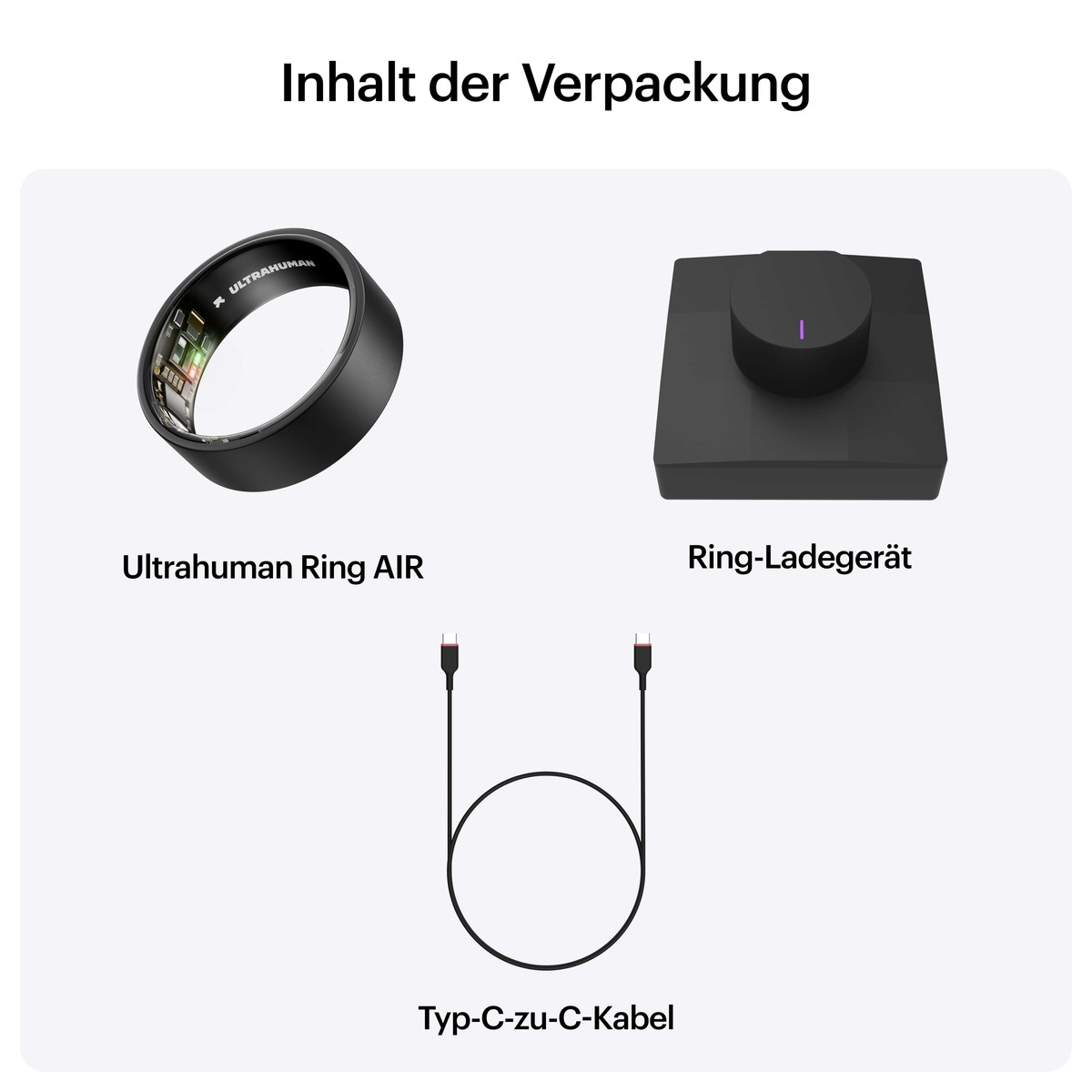Das Bild zeigt einen Ultrahuman Ring AIR, ein Ring-Ladegerät und ein USB-C-Kabel auf weißem Hintergrund. Text zeigt den Inhalt.