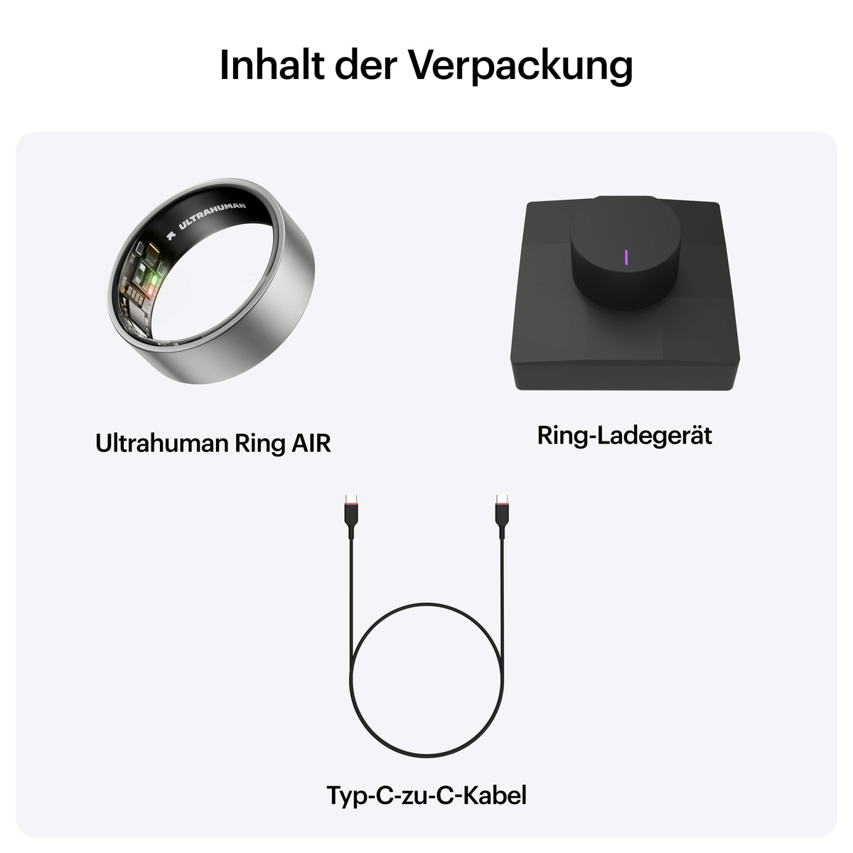 Das Bild zeigt einen Ultrahuman Ring AIR, ein Ringladegerät und ein USB-C-Kabel. Text: 'Inhalt der Verpackung'.