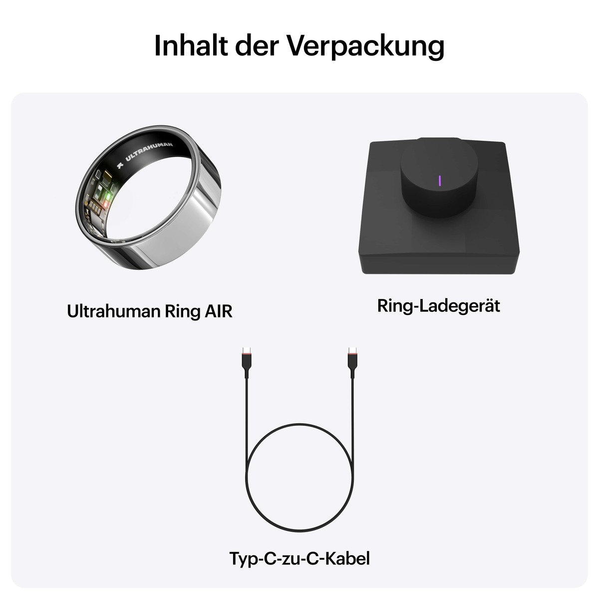 Das Bild zeigt einen Ultrahuman Ring AIR, eine Ladestation und ein USB-C-Kabel. Der Text lautet 'Inhalt der Verpackung'.