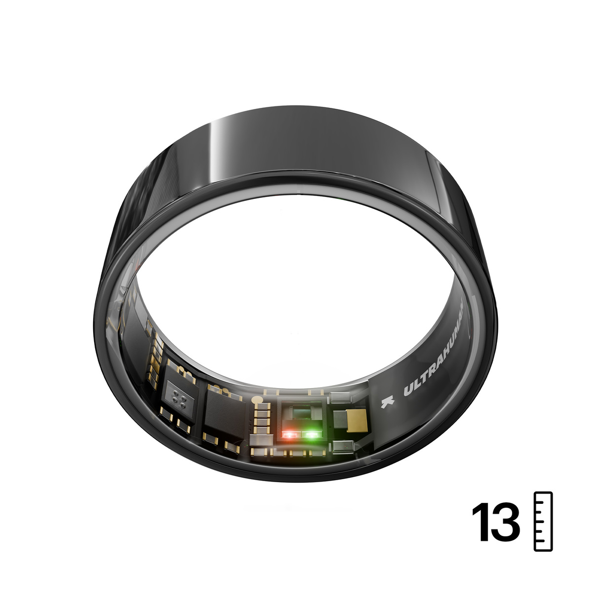 Ein schwarzer Smartring mit interner Elektronik wird angezeigt. Der Ring hat eine reflektierende Oberfläche und eine Größenanzeige von 13.