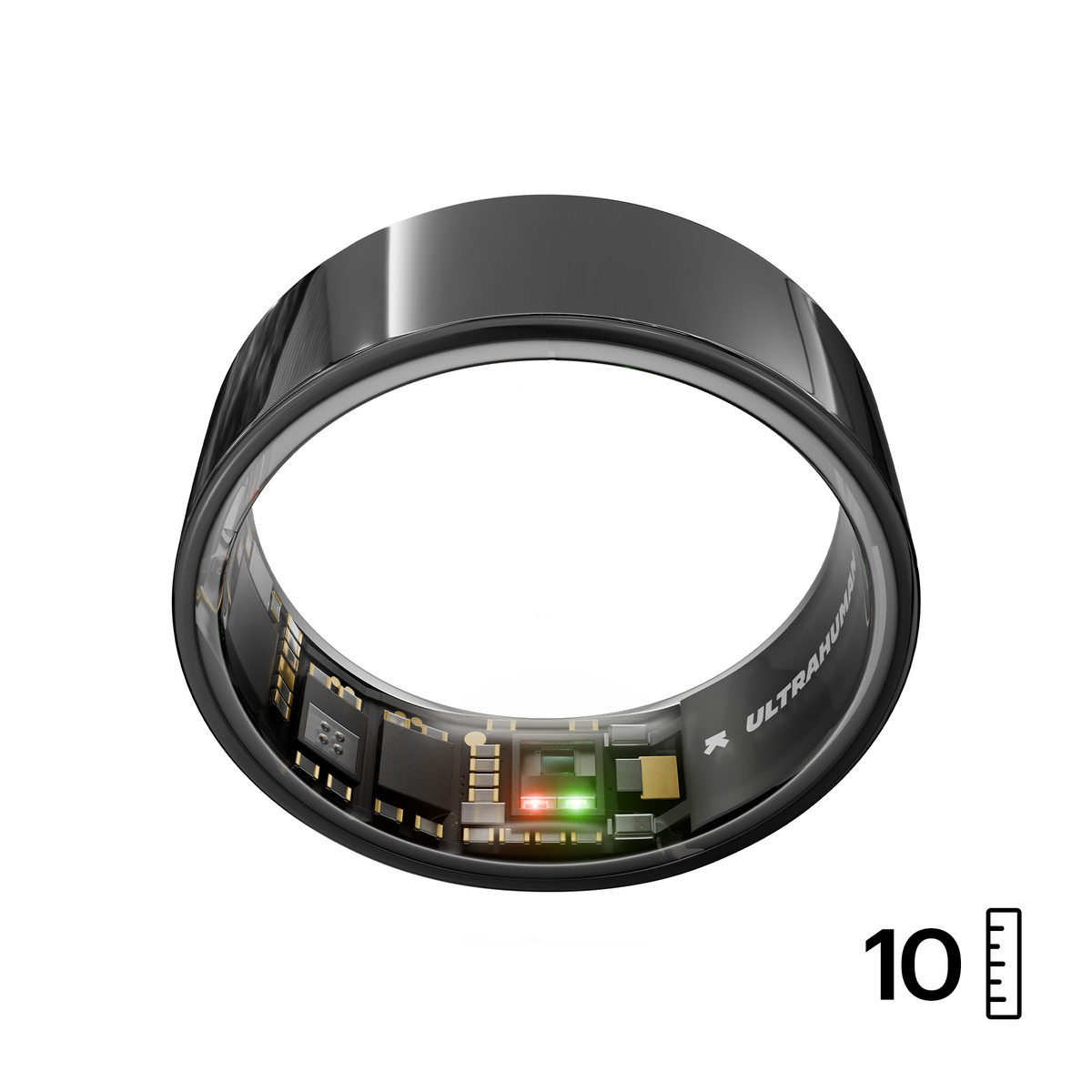 Schwarzer Smartring mit interner Schaltung und digitaler Anzeige '10'. Der Ring hat ein schlankes, metallisches Design.