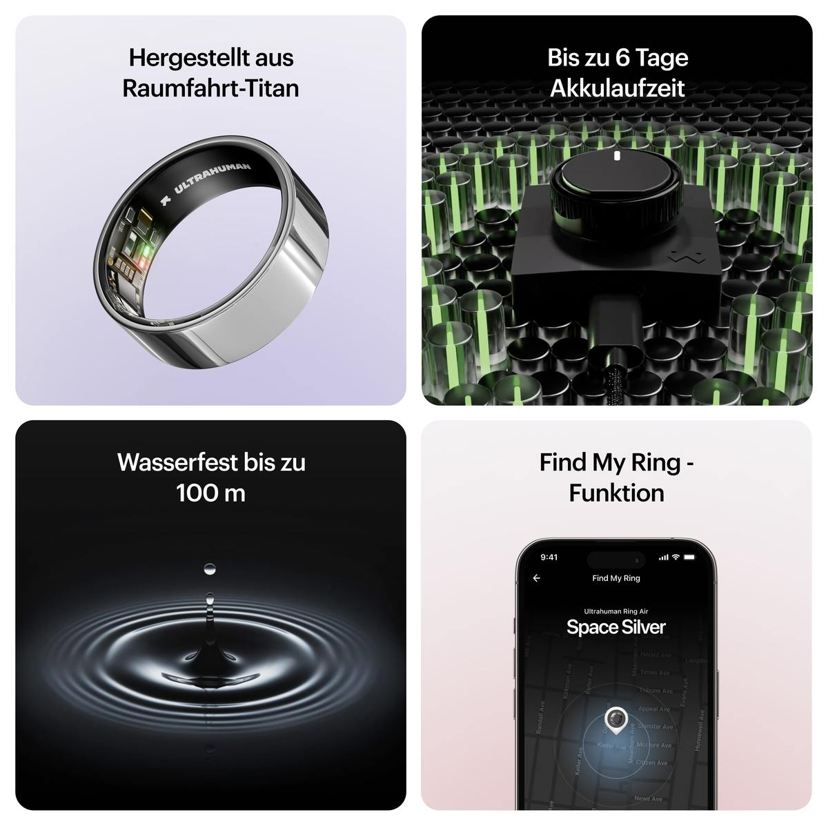 Das Bild zeigt einen Ring, ein Ladegerät, Wasserwellen und einen Telefonbildschirm mit einer Karte und einem Standort.