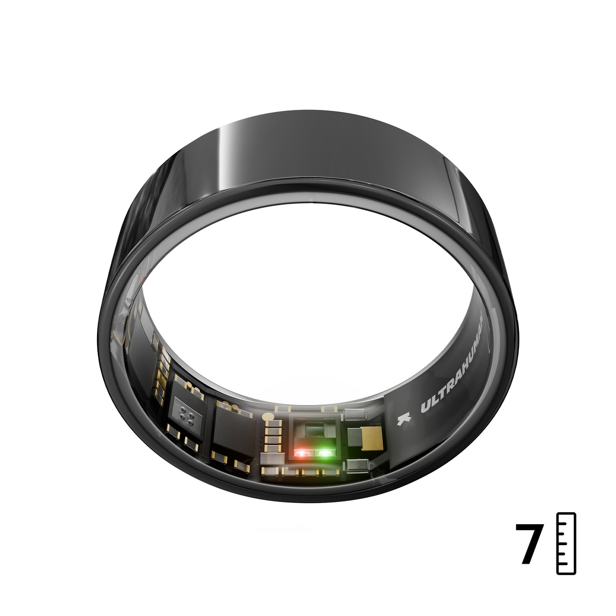 Ein schwarzer Smartring mit interner Elektronik. Der Ring zeigt rote und grüne Lichter und trägt den Markennamen UltraHuman.